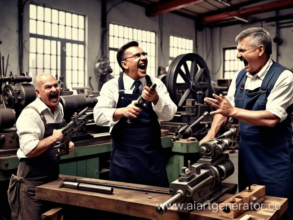 Cheerful-Chief-Directing-Lathe-Workshop-Operations-with-a-Machine-Gun