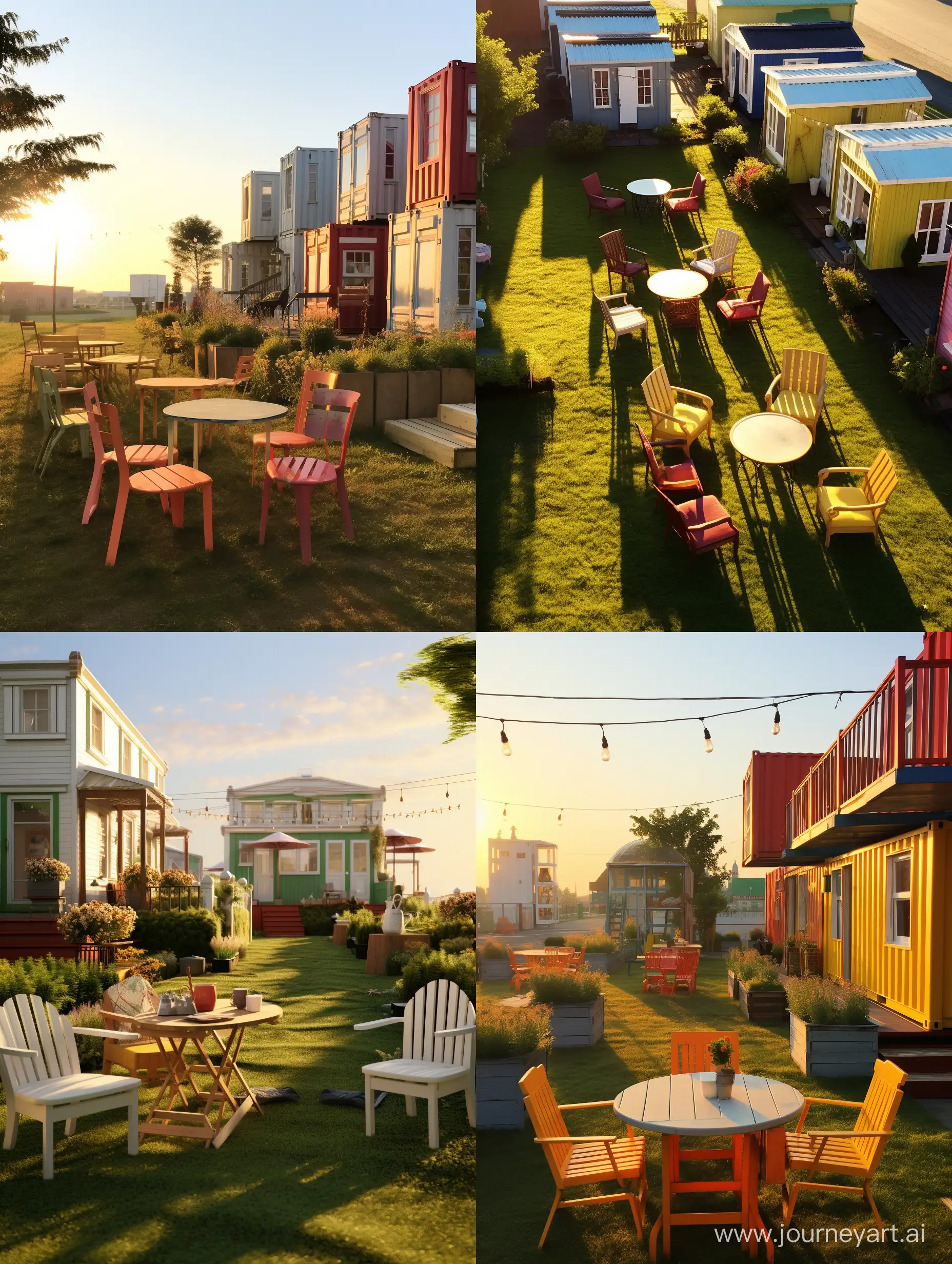 清晨阳光明媚的时刻，草坪上摆放着集装箱民宿，集装箱的整体颜色是白色，屋顶带有露台，房屋边上摆放着喝茶的桌椅板凳