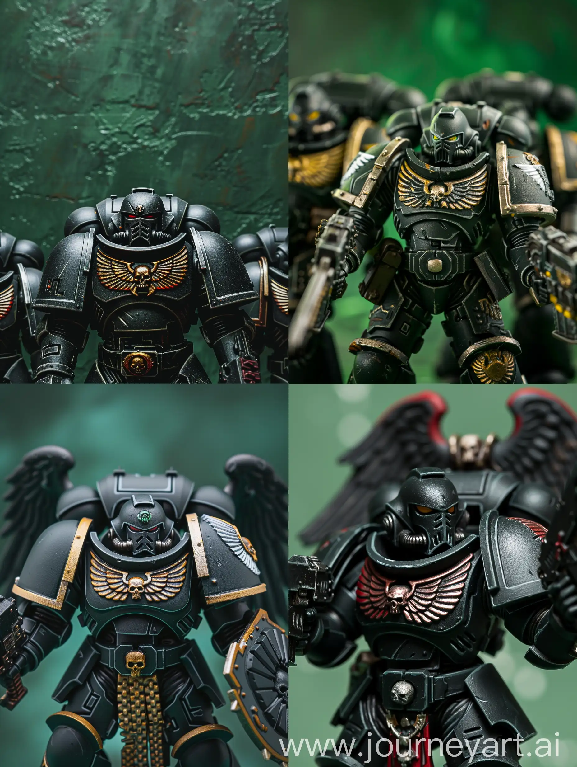 The Dark Angels from the Warhammer 40k. The background is forest green. 