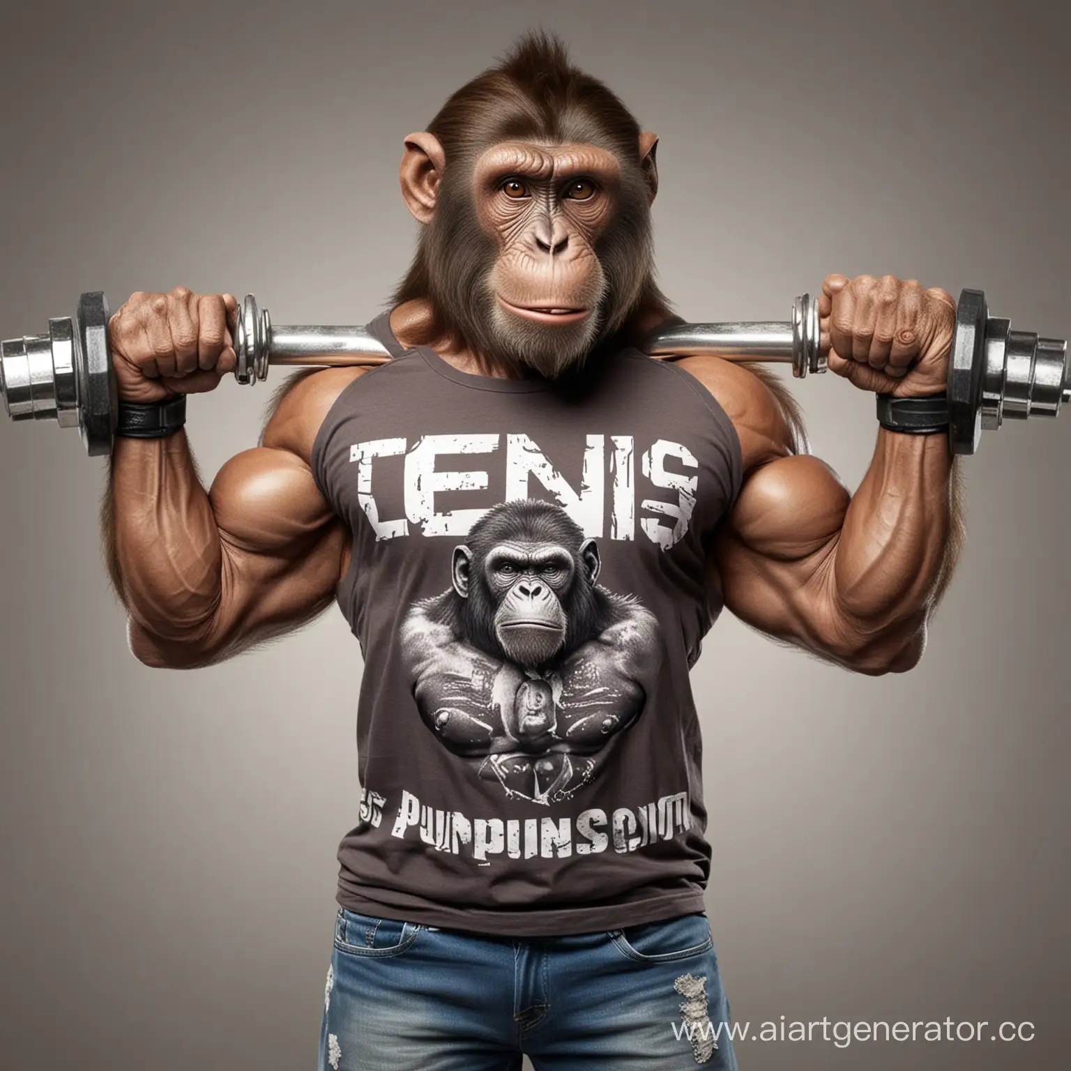 огромная обезьяна бодибилдер в футболке с надписью denis качаеться 
