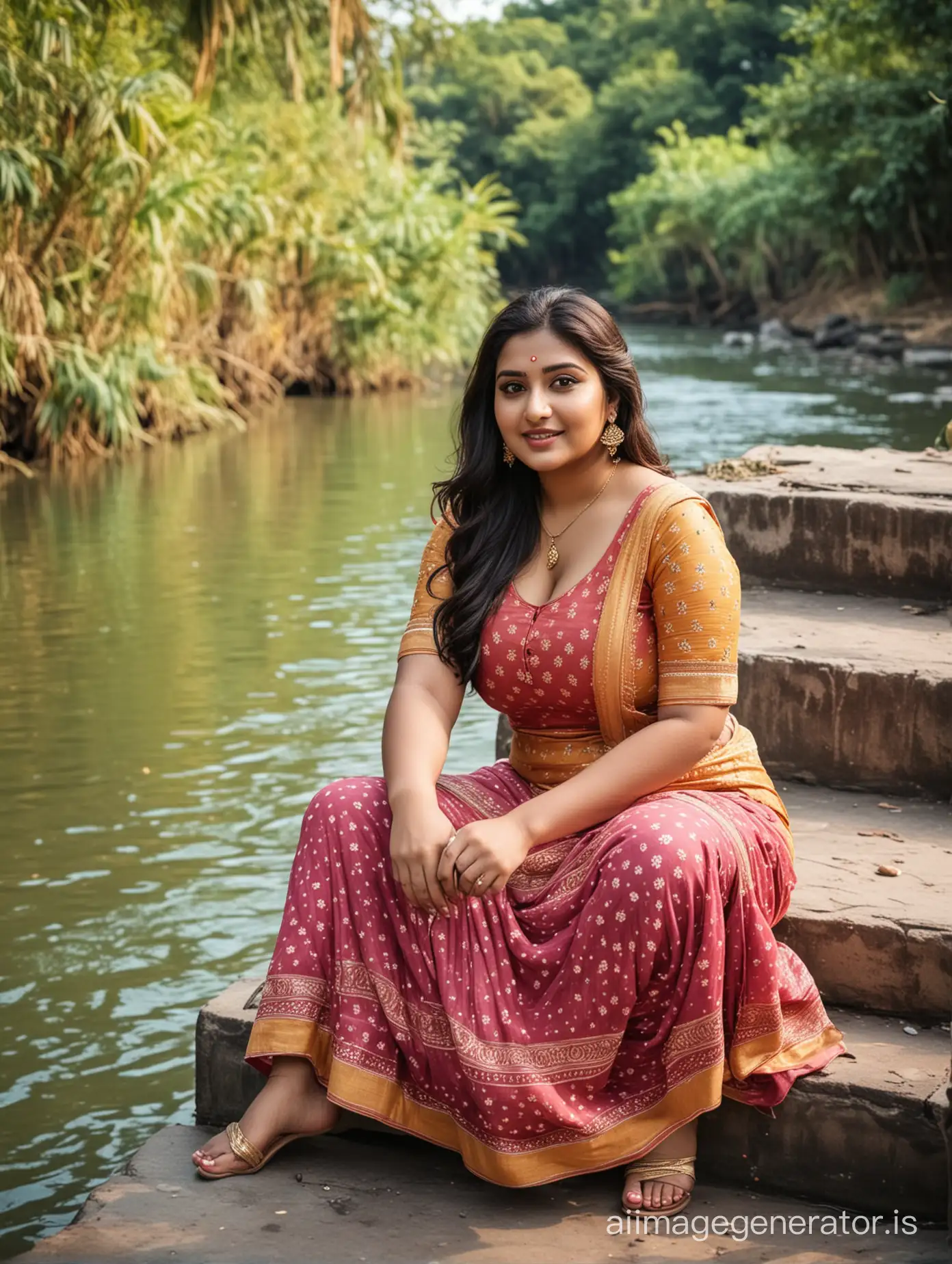 Beautiful indian plus size sexy women  wore sleeveless salwar sit in steps of river
