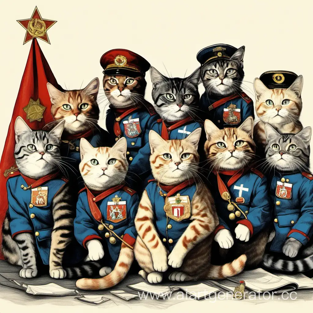 The meowing platoon, cats in caps, with a medal, sitting, medals on their chests, looking sideways, drawing of the Siege of Leningrad, USSR