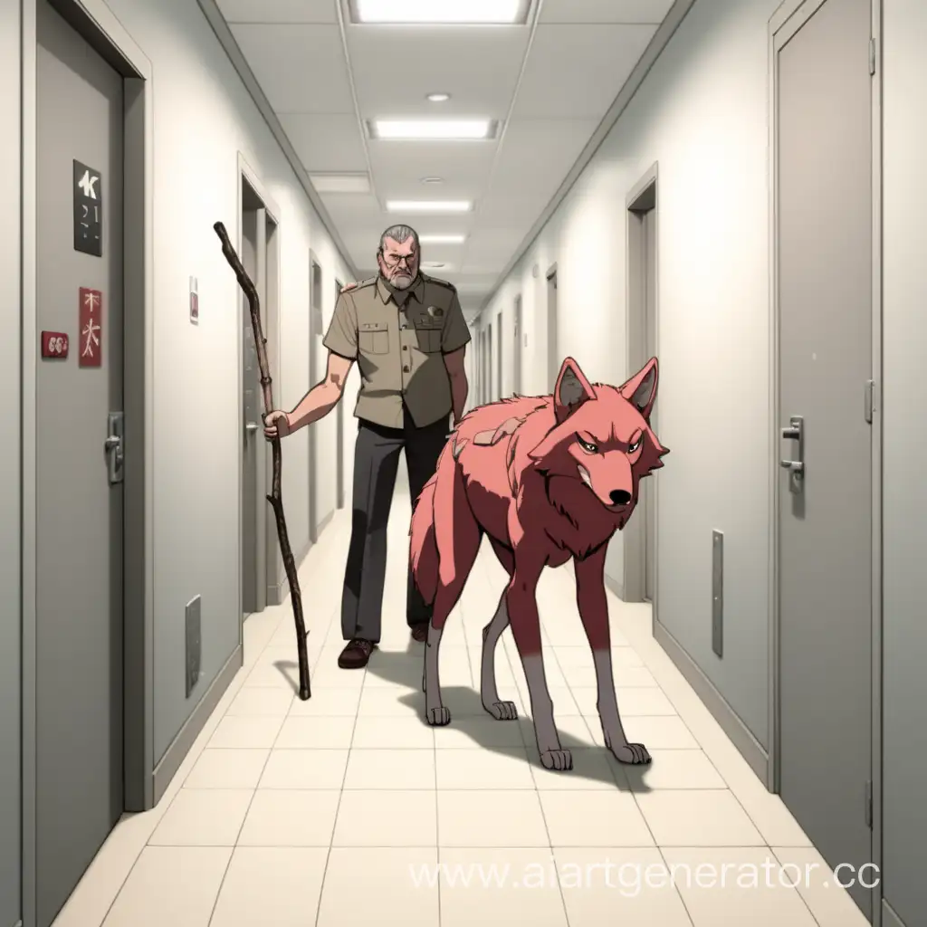  Худого рыжего волк в коридоре гладит хромой  крупный мужчина с палкой для хромых, 2d,4k, аниме. 