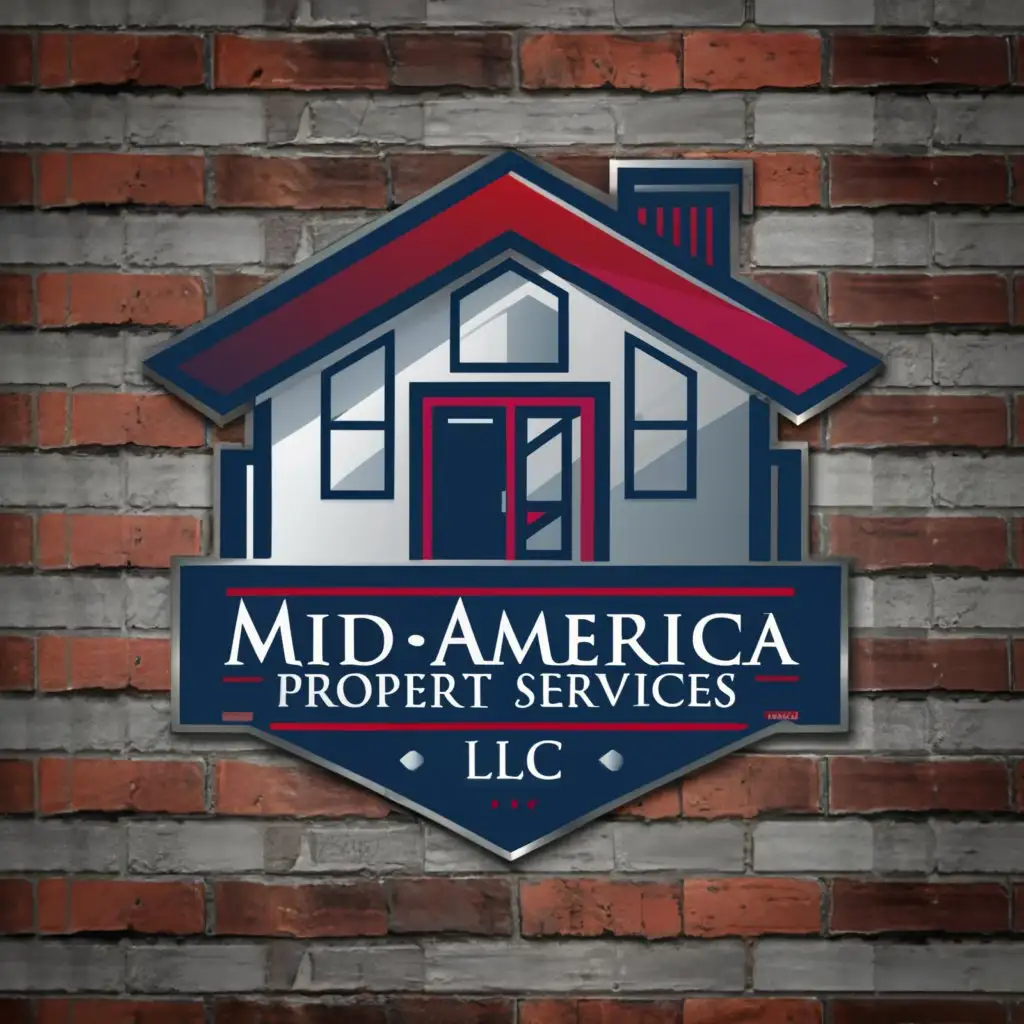 a logo design, with the text MID-AMERICA PROPERTY SERVICES L.L.C., main symbol: Red and Blue with White Primary Colors, Stylized simple Gabled House with Windows and Prominent Art-Deco Shield, Bauhaus Font, Basic Home Construction Hand Tools and Worker Figures centered around a bold, clean, Minimalistic, used in Roof Construction industry