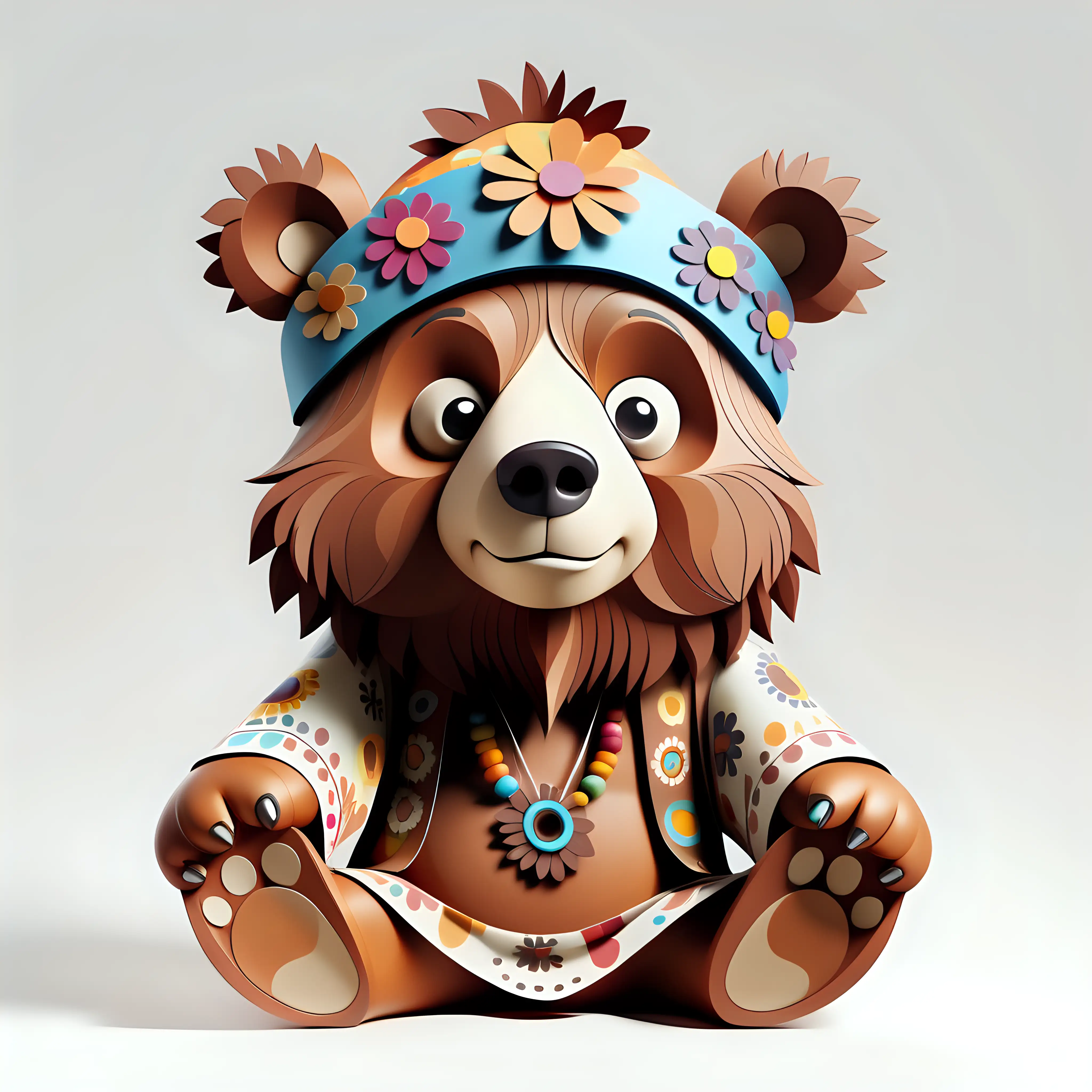 a cute bear hippie ,full body cartoon style, paper cutout style white background, masterpiece