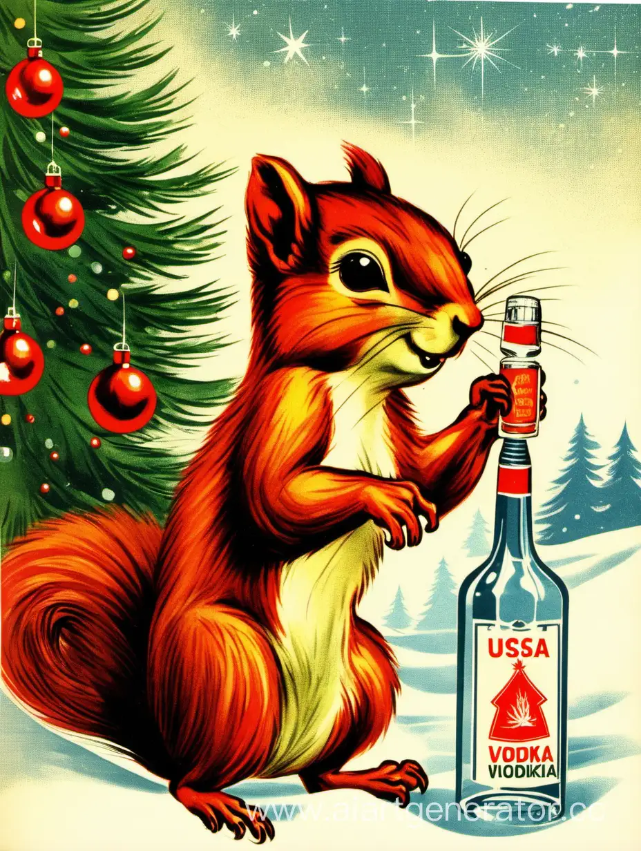 Soviet-Themed-New-Year-Greeting-Card-Featuring-Festive-Squirrel-Christmas-Tree-and-Vodka