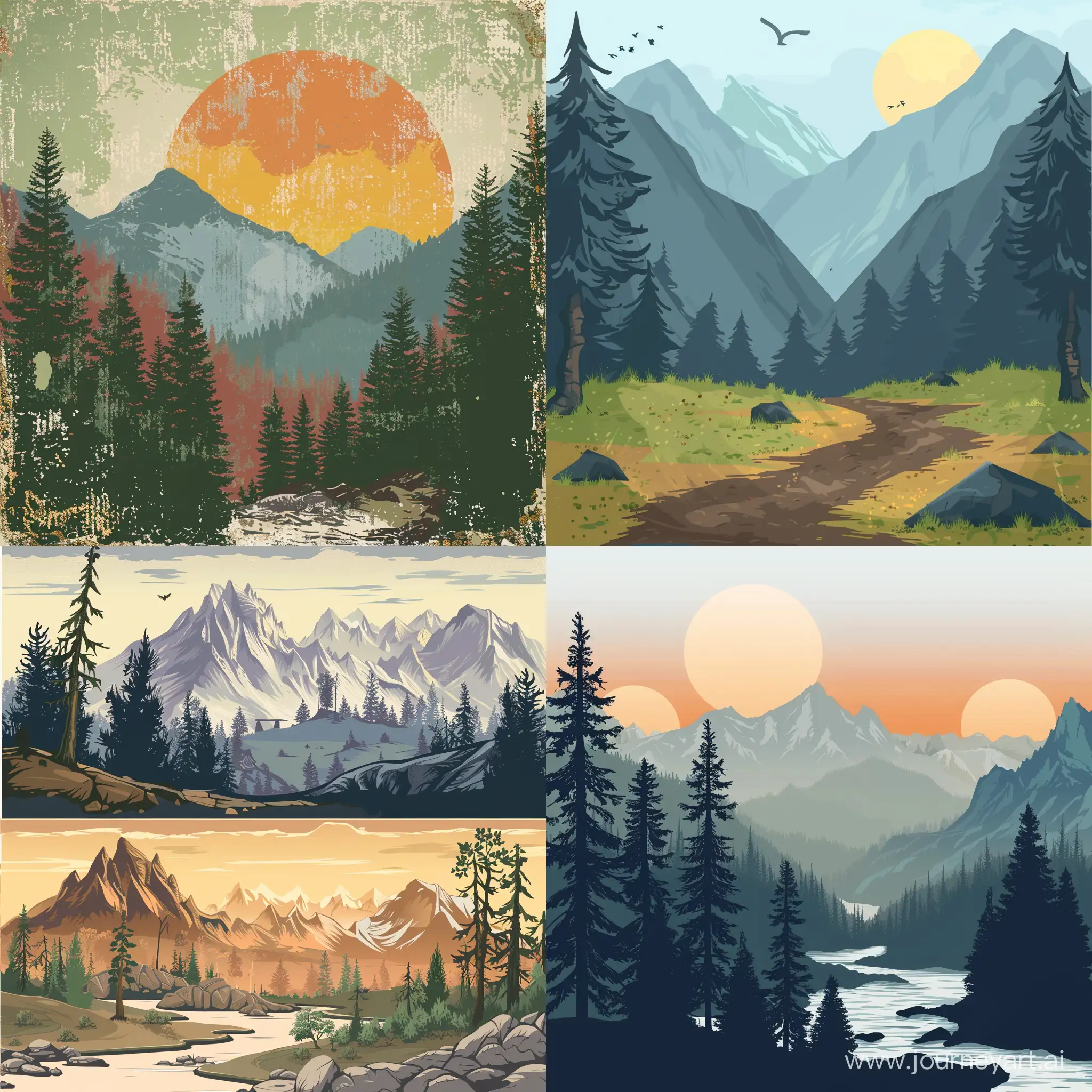 landscape with using texture brushes, in the style of mountainous vistas, adventure themed, in vector style