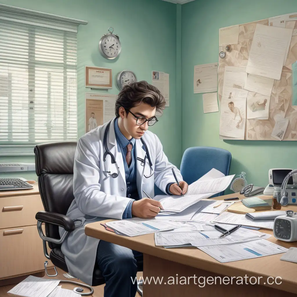 Панель 1: (Комната доктора в психиатрической больнице. Доктор Алихан Бокейханов, молодой и амбициозный, сидит за своим столом, перебирая документы.)