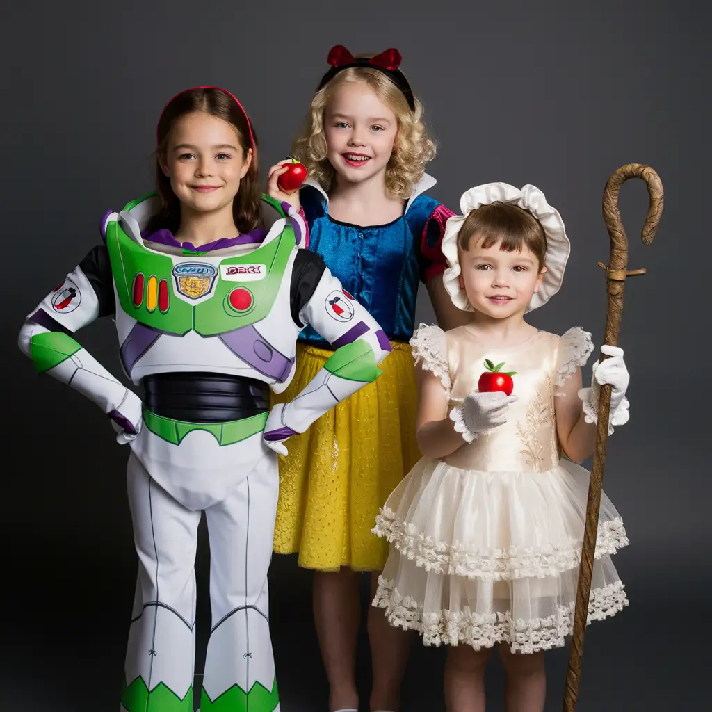Gender role-reversal, Photograph of a 9-year-old girl wearing a Buzz Lightyear costume, a cute 7-year-old little short-haired blonde boy wearing a Snow White Disney Princess dress, and a cute 5-year-old little short-brown-haired boy wearing a frilly white Bo Peep dress and gloves and bonnet, English, perfect children faces, perfect faces, smooth