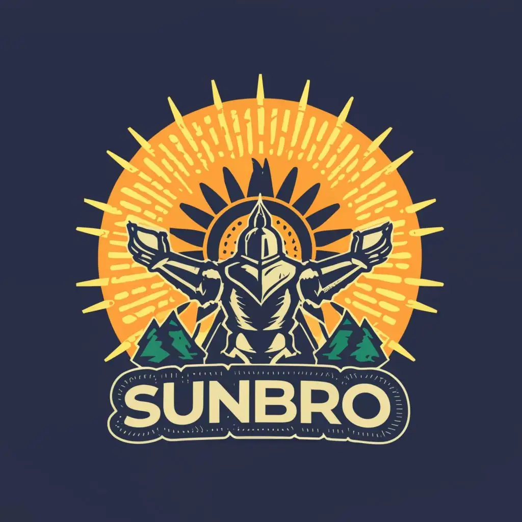 logo, knight in sun lights hands held high into the sky, with the text "Sunbro", typography