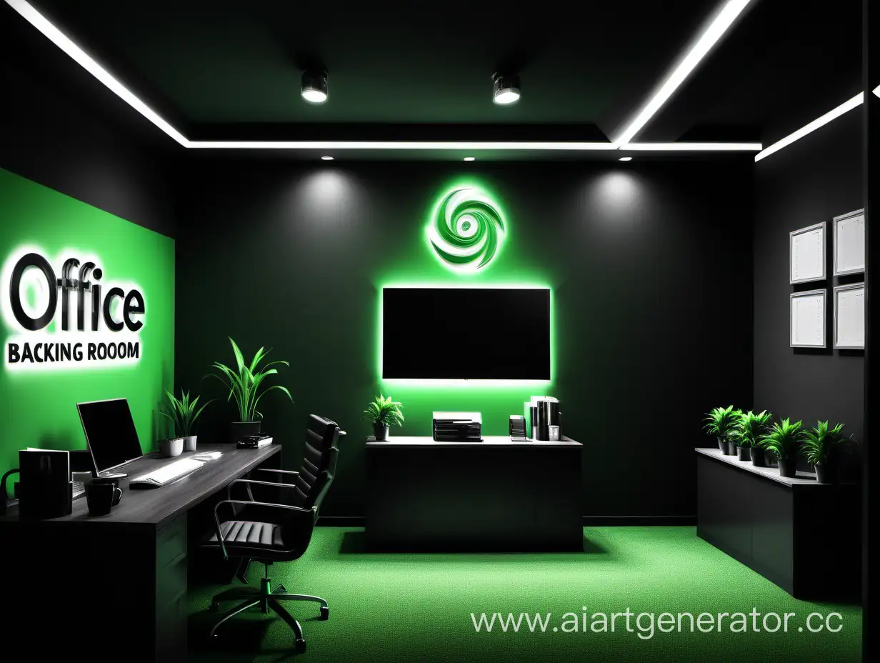 Dramatic lighting On The Office Room, Logo Company, Simple And Smart, Backgroud Black And Green