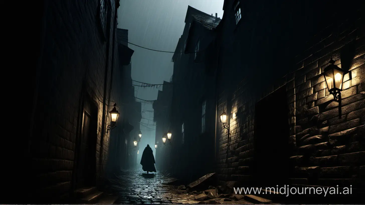 “Shadows of Doskval” - Landing Page Concept !Blades in the Dark - Shadows of Doskval  Description:  The image depicts a dimly lit alleyway winding through the heart of Doskval, a city steeped in secrets and shadows. Cobblestone streets glisten with rain, reflecting the glow of gas lamps that flicker overhead. Emerging from the mist are silhouettes of your 4 shadow crew members—each with their own hidden motives and pasts. The crew’s emblem—a masked raven—is subtly etched into the wet stone wall, a symbol of their clandestine activities. A tattered poster flutters on a nearby lamppost, offering a reward for information on the elusive Whisper, a mysterious figure who haunts the city’s rooftops. The tagline reads: “In Doskval, shadows weave destiny. What price are you willing to pay?”