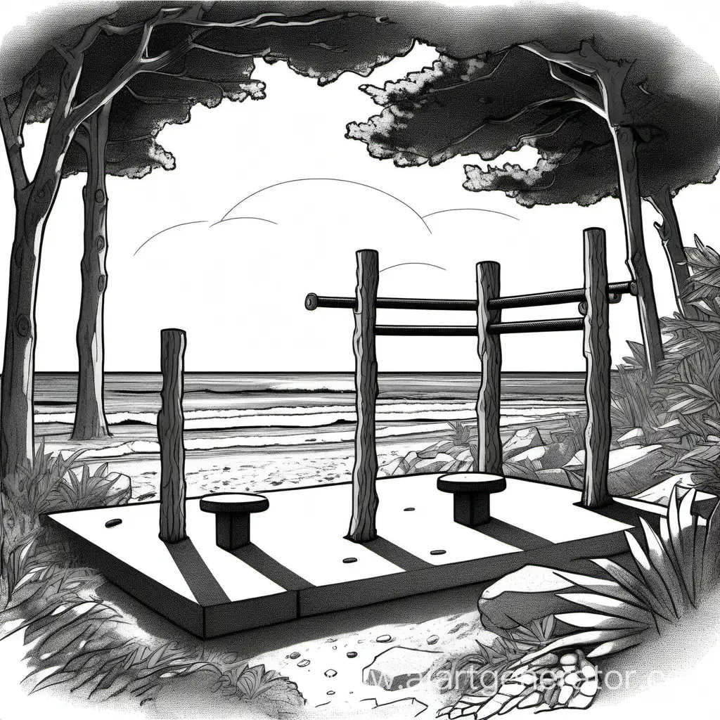 Draw a cartoon of a squat rack standing proudly atop a hill overlooking a serene beach. The main support beams are thick, sturdy tree trunks rising from the earth, their rough bark adding character to the scene. Branches extend outward from the trunks, forming crossbars and hooks for holding weights. The sunlight filters through the leaves, casting dappled shadows on the ground below. In the distance, the gentle waves of the ocean roll onto the shore, creating a soothing soundtrack for the workout. It's a harmonious blend of nature and fitness, offering both strength training and a breathtaking view.