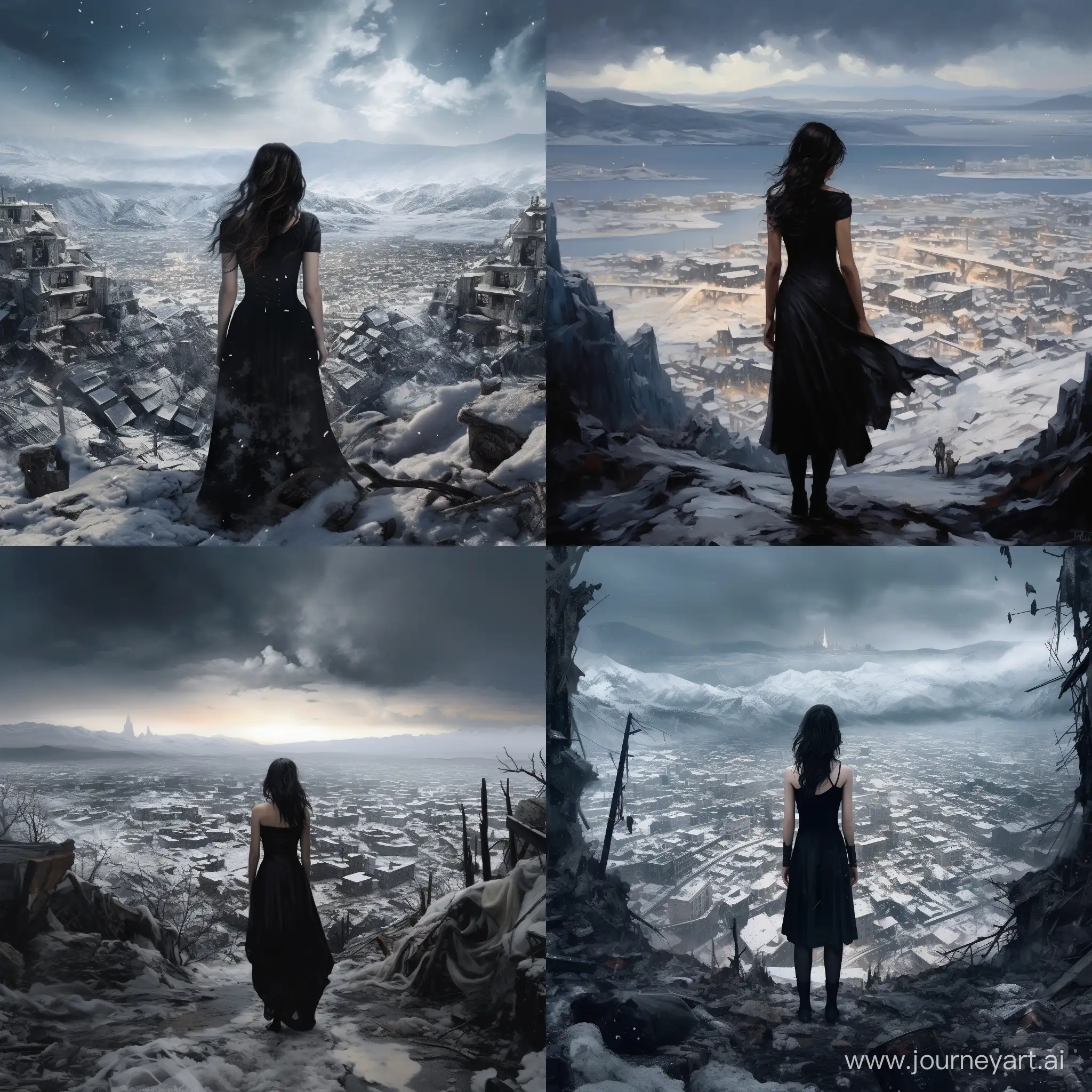Lonely-Girl-in-Tattered-Black-Dress-Contemplates-Frozen-Apocalypse