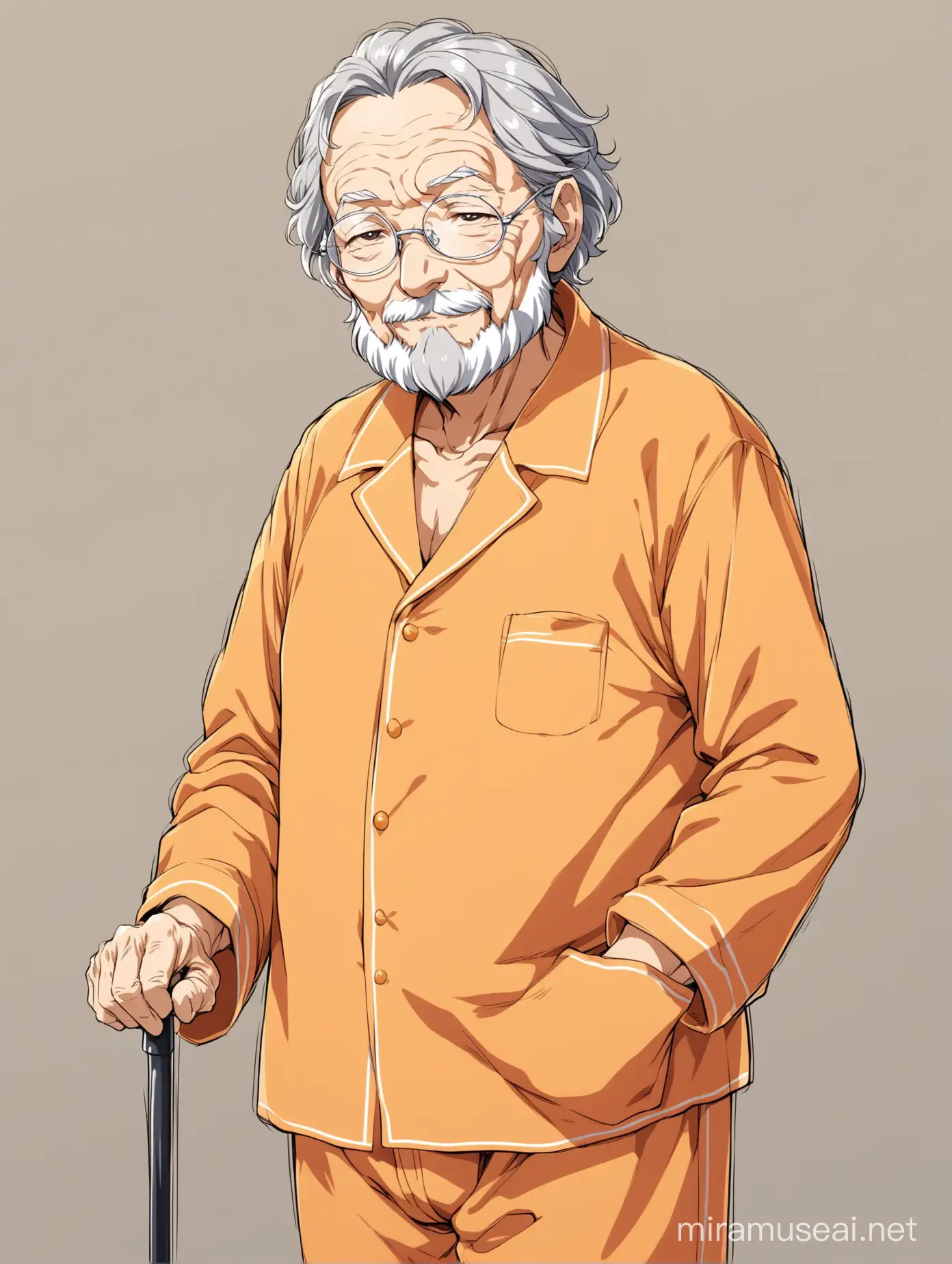 Anime, Old wrinkled man, with wavy gray hair, wearing light orange pajamas, wearing silver glasses, wise, friendly, with cane.