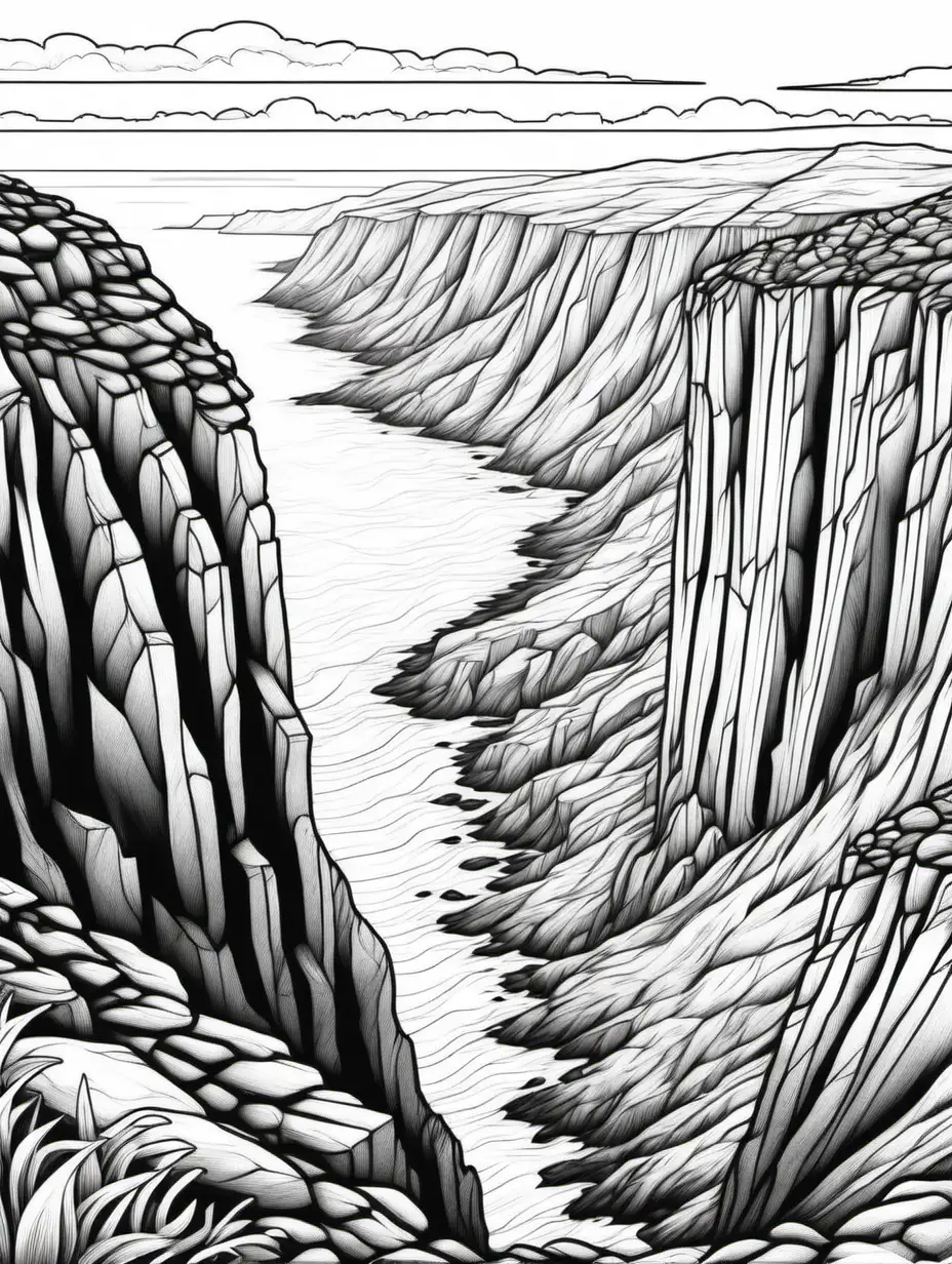 create a tall coloring page for adults of a norwegian cliff landscape with black outlines, only white fill, no shading