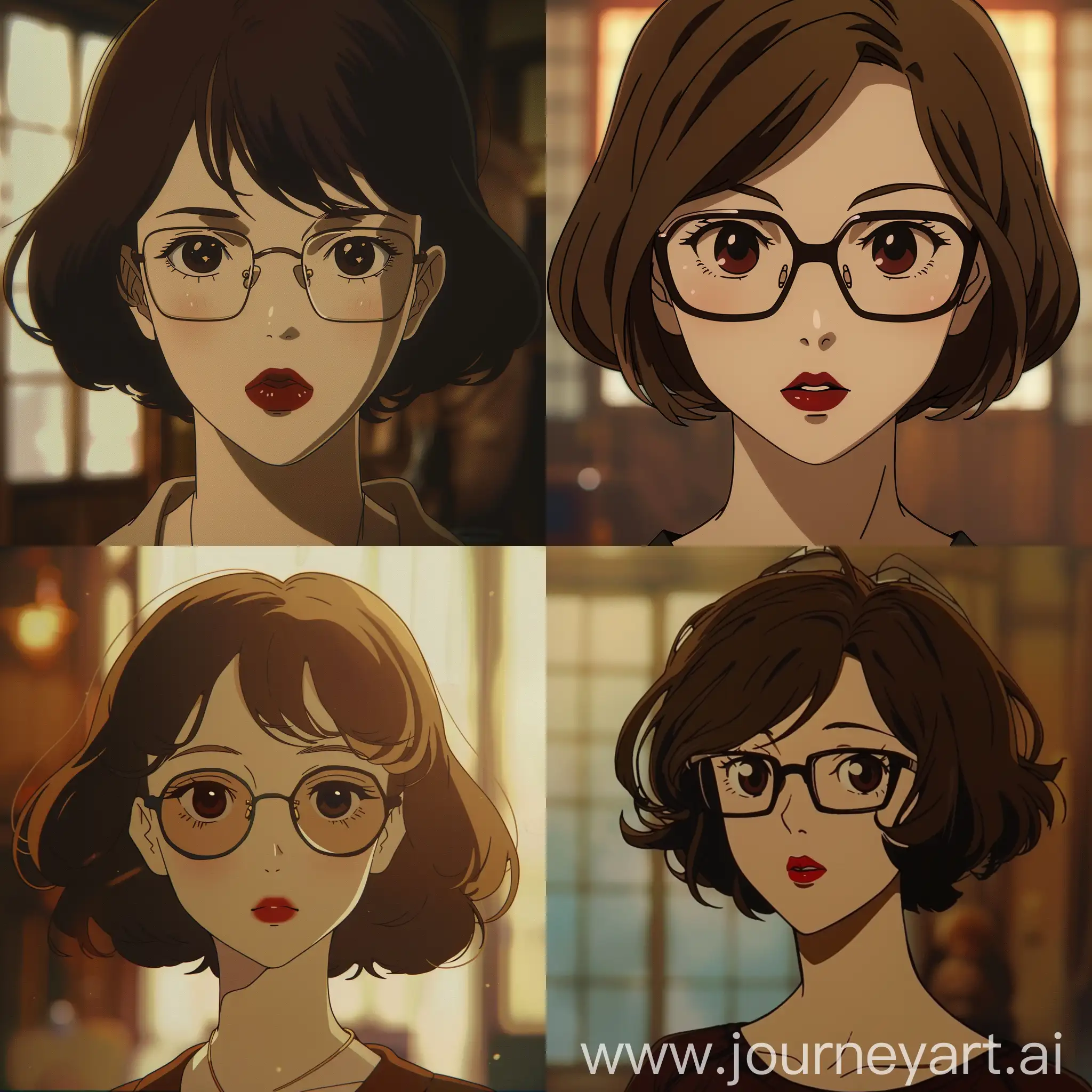 Anime short brown hair woman, square glasses, dark red lips, ghibli studio, pfp