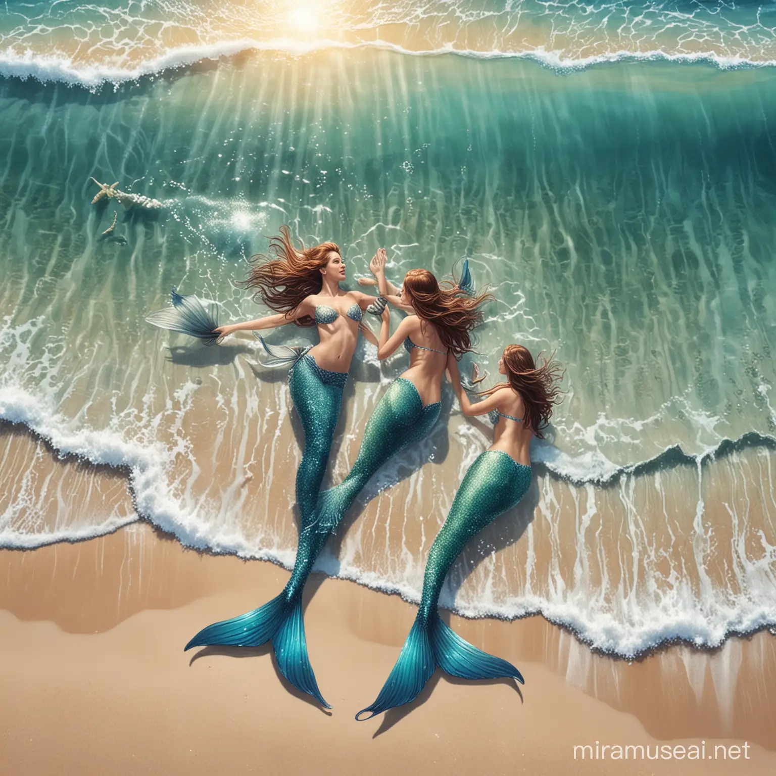 Mermaids Enjoying Tranquil Blue Seascape on the Beach