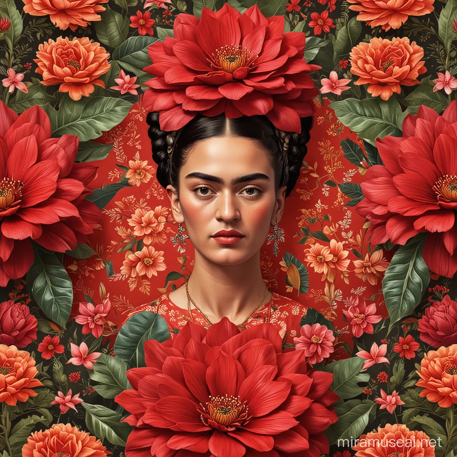 Vibrant Red Floral Background in the Style of Frida Kahlo