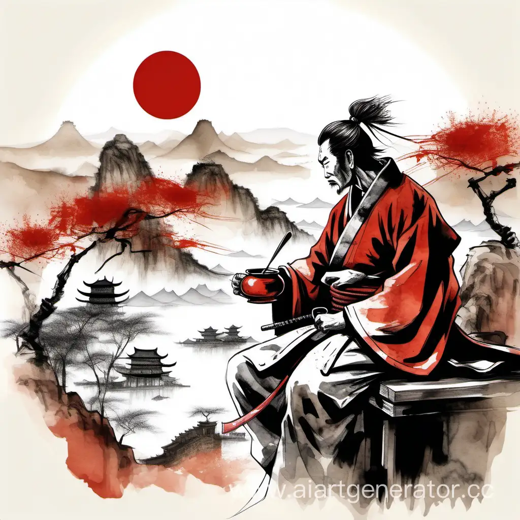 китайский самурай пьет чай, на фоне размытый китайский пейзаж, нарисовано тушью и акварелью в китайском стиле, черно-белая графика с элементами красного и коричневого цвета