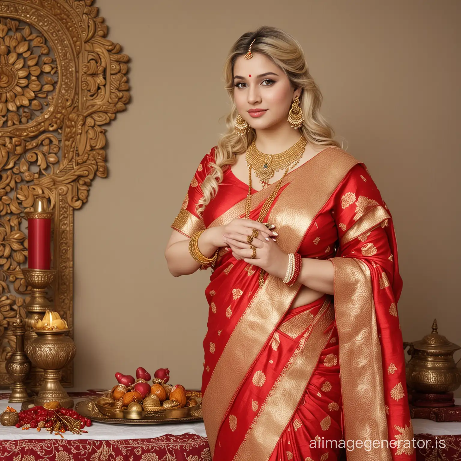 Generate full body image of a 18 year old very busty fatty breast, big fatty thighs, big fatty hand arm, big fatty ass and curvy completely American mature fatty chubby obese very fair white skin woman blonde hair wearing traditional style banarasi saree and wearing sindur in forehead and red and white bangles in hand and wearing gold necklace with gold jewelry in India puja program