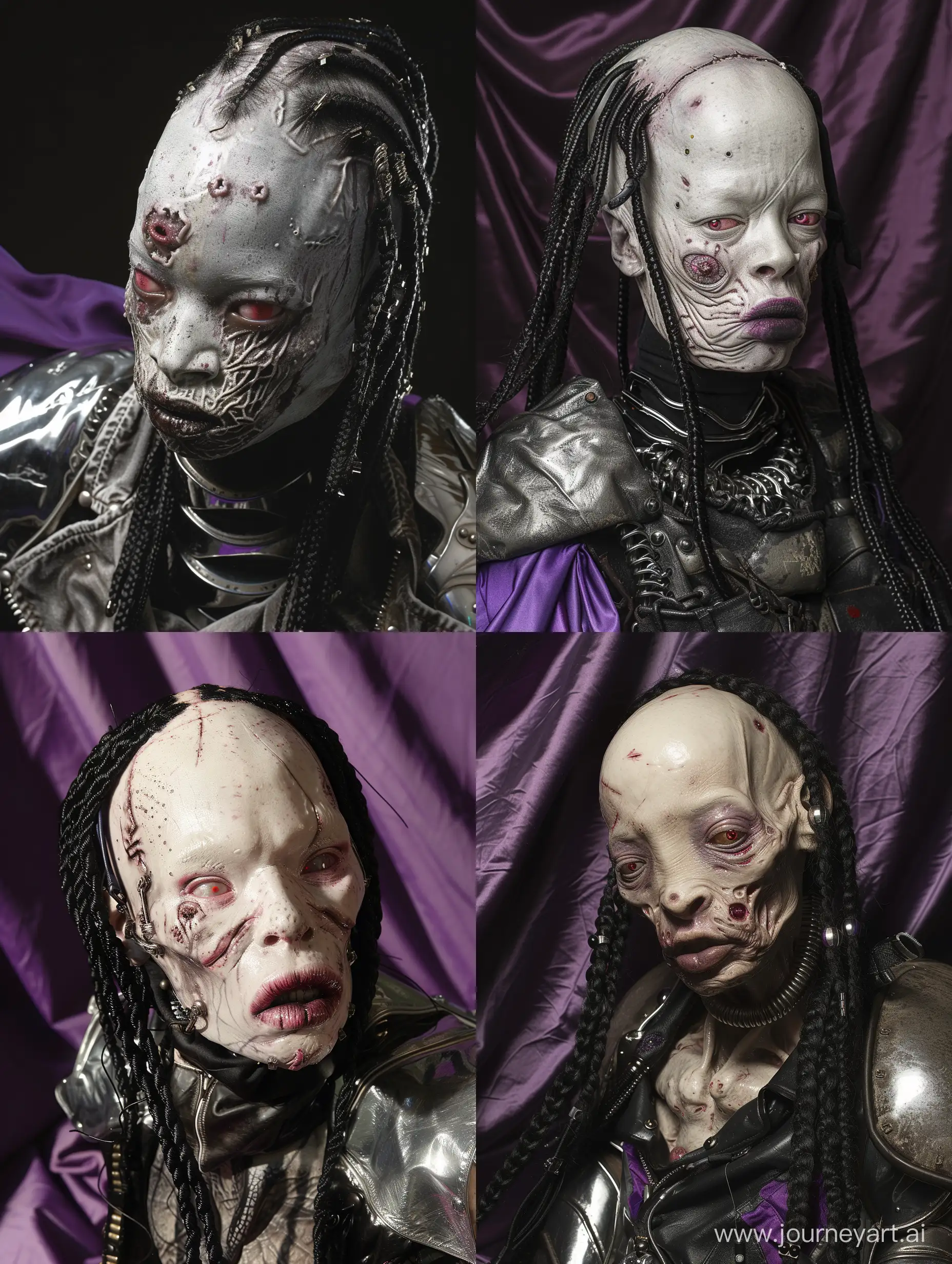 a portrait of an alien human hybrid, grotesque, sores, wet black braids, weathered leather, chrome plated, evil expression, pale skin, albinism, one tiny red eye, dramatic rim lighting, depth of field, purple accent fabric,