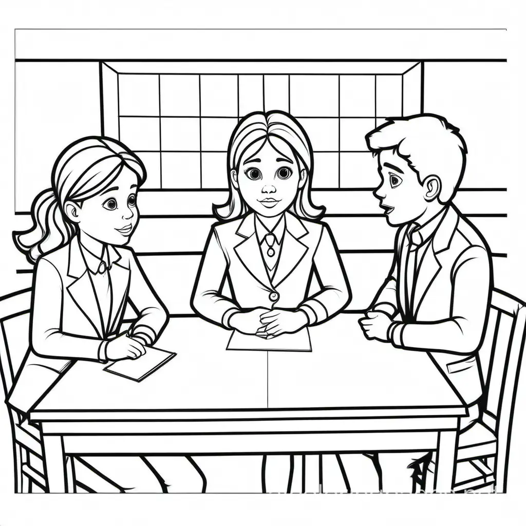 BEING INTERROGATED, Coloring Page, black and white, line art, white background, Simplicity, Ample White Space. The background of the coloring page is plain white to make it easy for young children to color within the lines. The outlines of all the subjects are easy to distinguish, making it simple for kids to color without too much difficulty