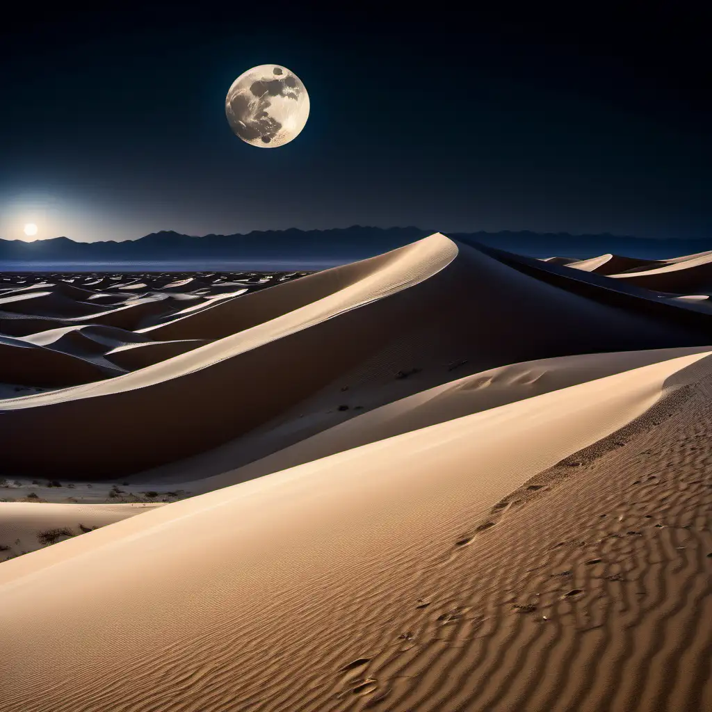 A mesmerizing view of desert sand dunes illuminated by the soft light of the moon, creating a tranquil and surreal nighttime landscape, shot with Sony Alpha a9 II and Sony FE 200-600mm f/5.6-6.3 G OSS lens, natural light, hyper realistic photograph, ultra detailed
