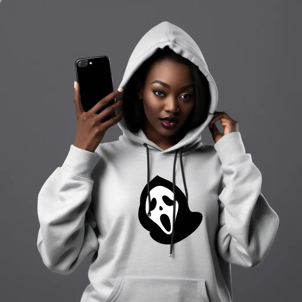 Stylish Ash Gray Hoodie Female on Phone with Mysterious Background
