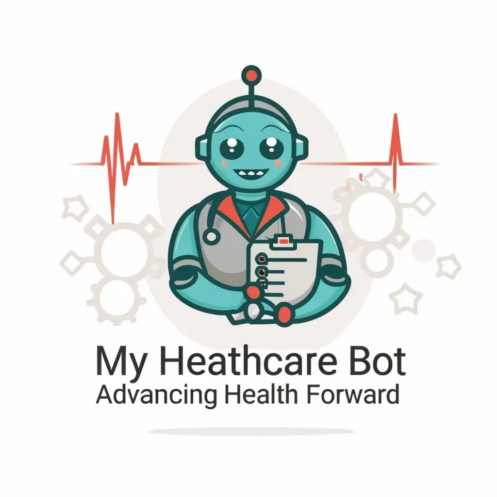 logo, Robot doctor holding clipboard smiling, with the text "My Healthcare Bot Advancing Health Forward", typography, be used in Medical Dental industry