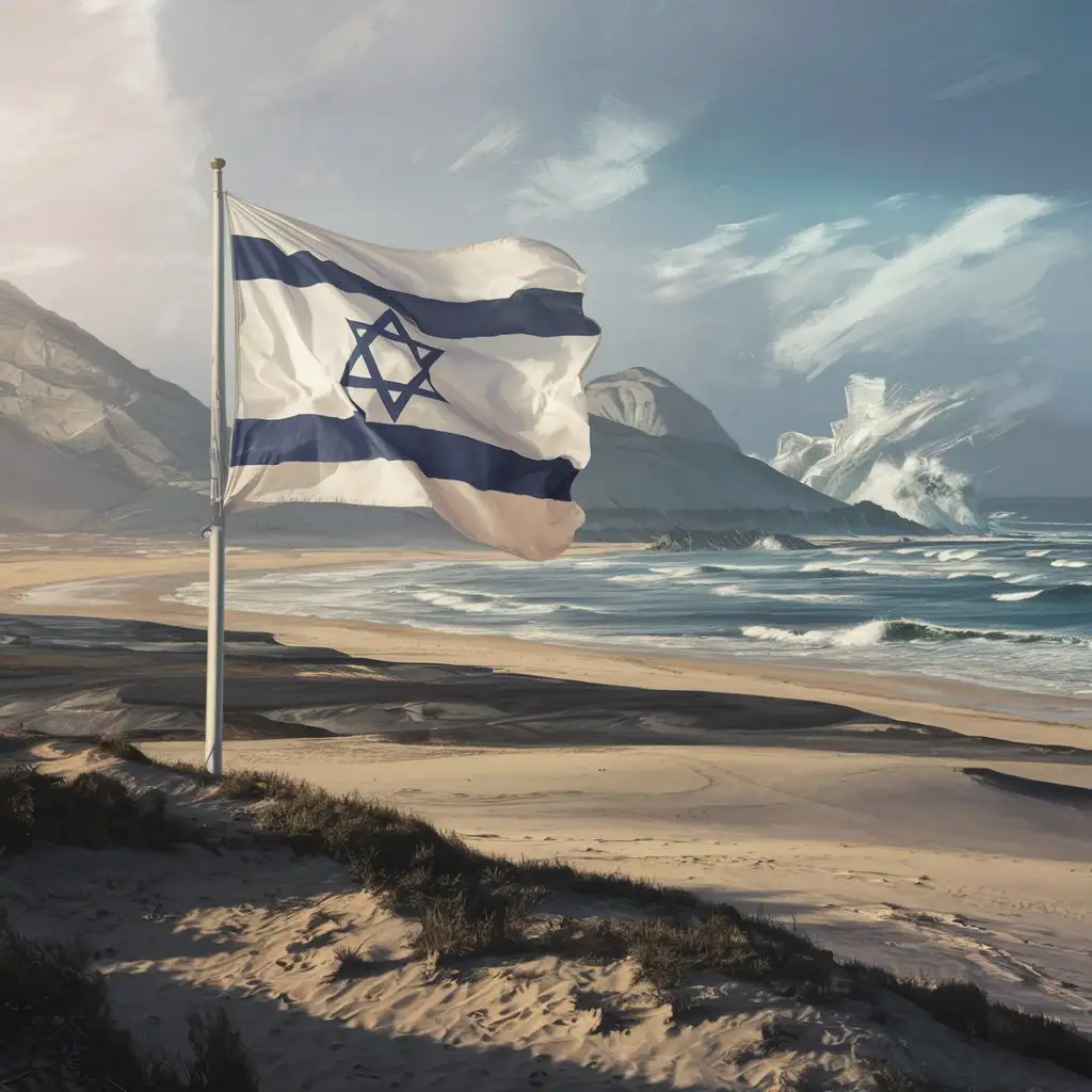 Israeli-Flag-on-Gray-Sand-Beach