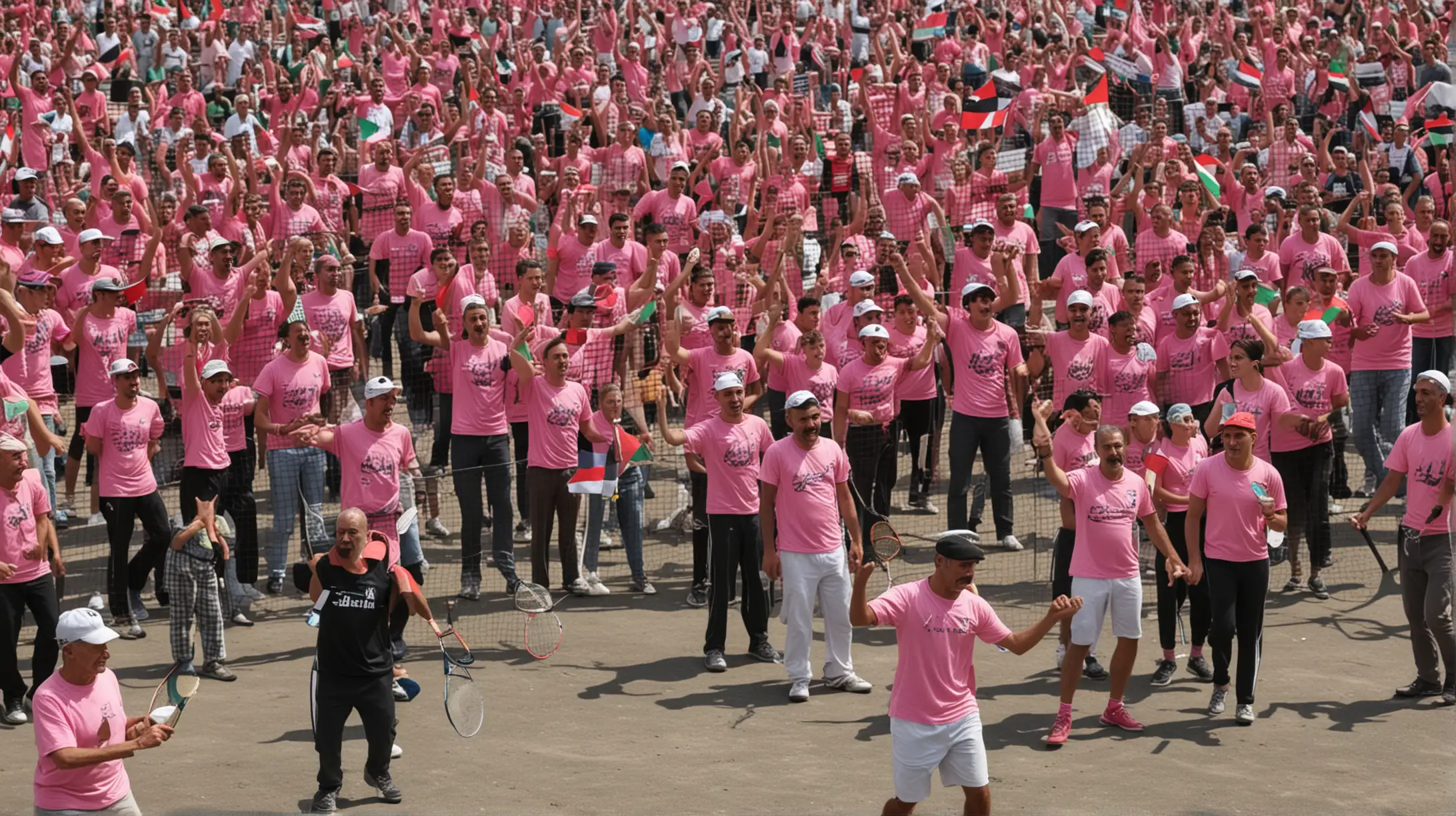 lot of palestinians with tennis rackets, in pink t-shirts, dancing, with palestinian, USA, nazi german flags