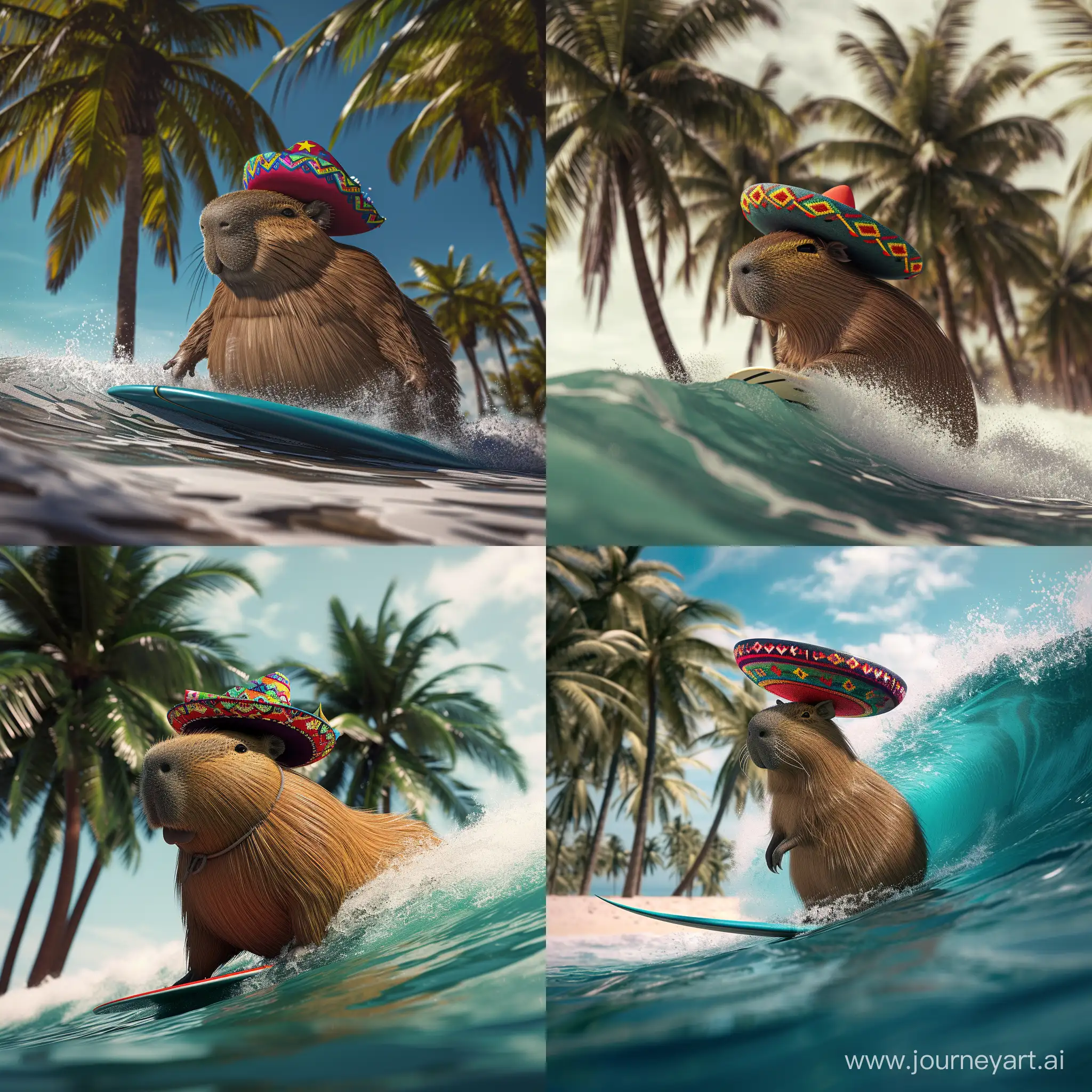 A delightful bright sight on a tropical beach and a realistic fat happy capybara, He surfing on a big wave with colorful Mexican sombrero hat on its head. Palm trees provide the perfect backdrop for this unique encounter. , creating a playfulness to the serene atmosphere. Photo that take with sony a7iii with 50mm lens