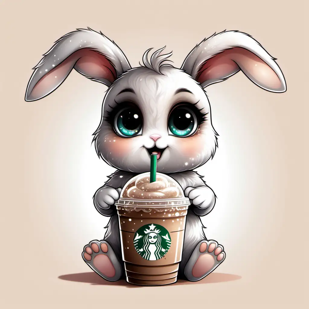 Cute baby bunny with big sparkly eyes, sitting, looking at me, holding starbucks iced coffee, cartoon