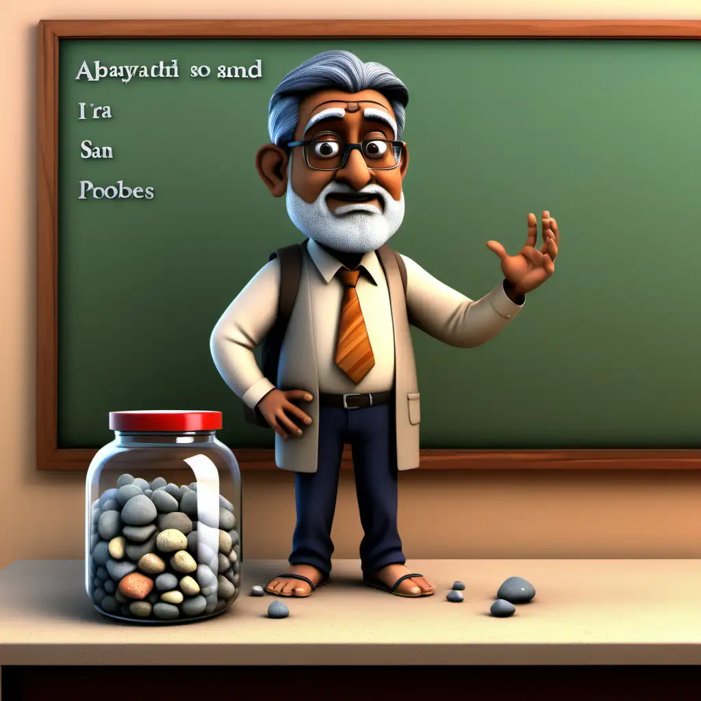 Create a 3D illustrator of an animated character of a average weighed indian philosophy professor stood before his class with a large jar filled with rocks, pebbles and sand. The background image should have a classroom board with some notes on it.