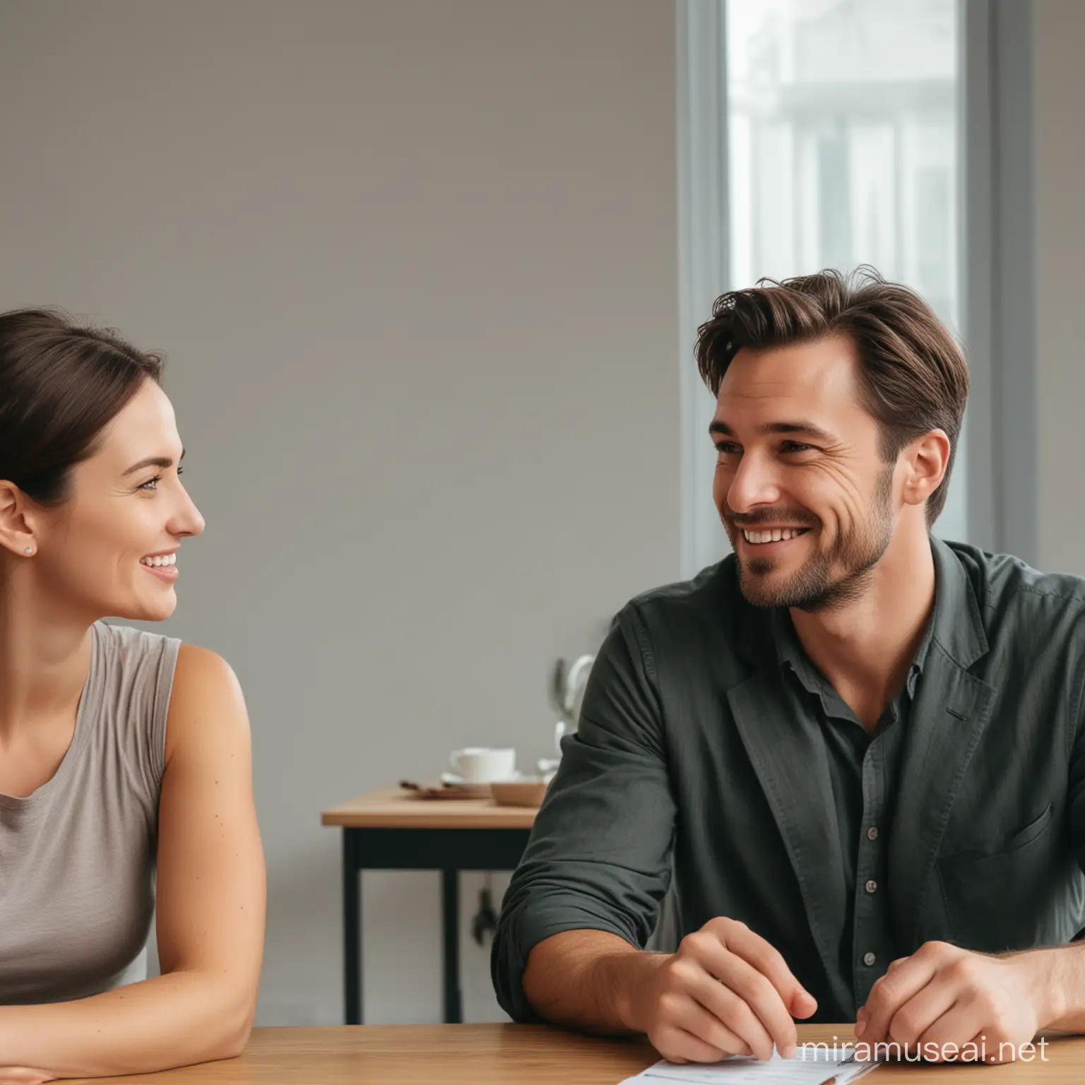 1 homme avec le visage grave ,et une femme, avec le sourire, discutent, autour d'une table