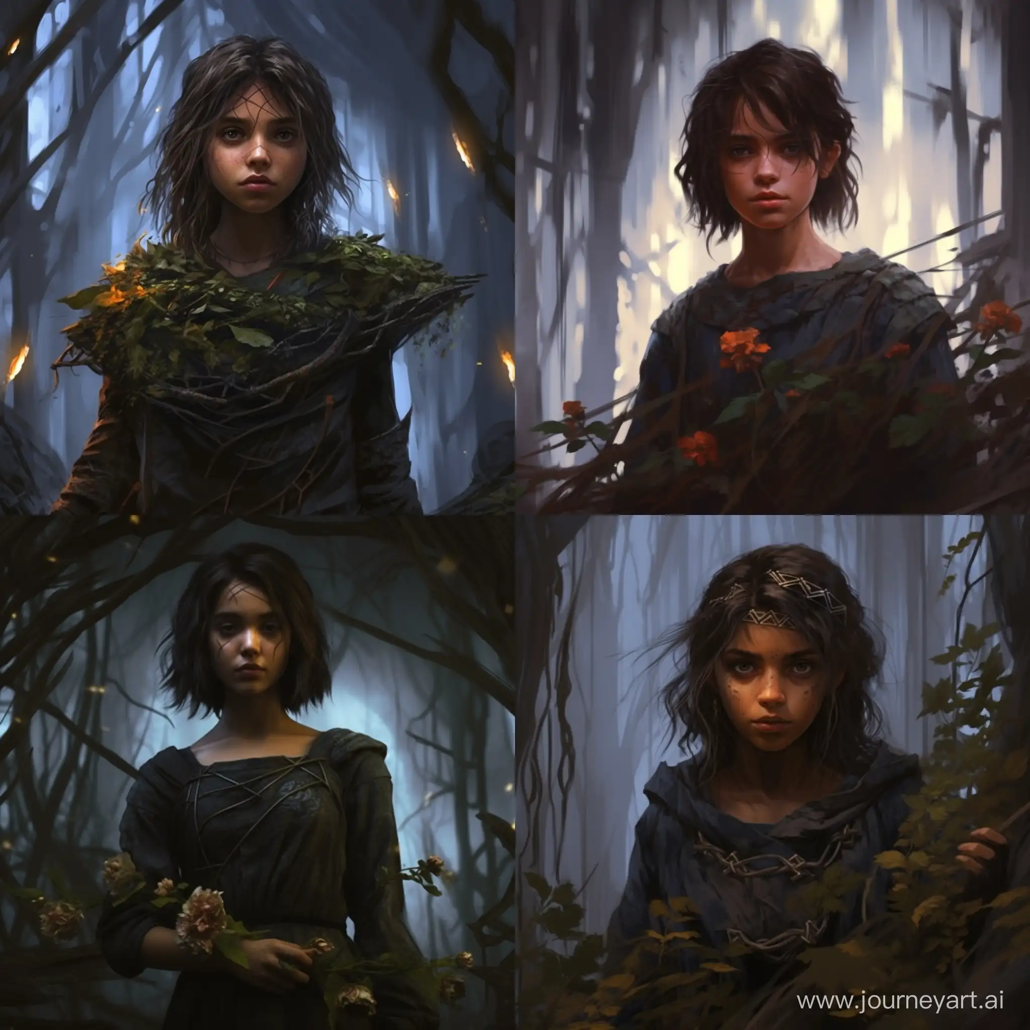rpg, fantasy, druid girl, plants clothes, dark short hair, scary background, demonic ambience, young teen, art, portrait