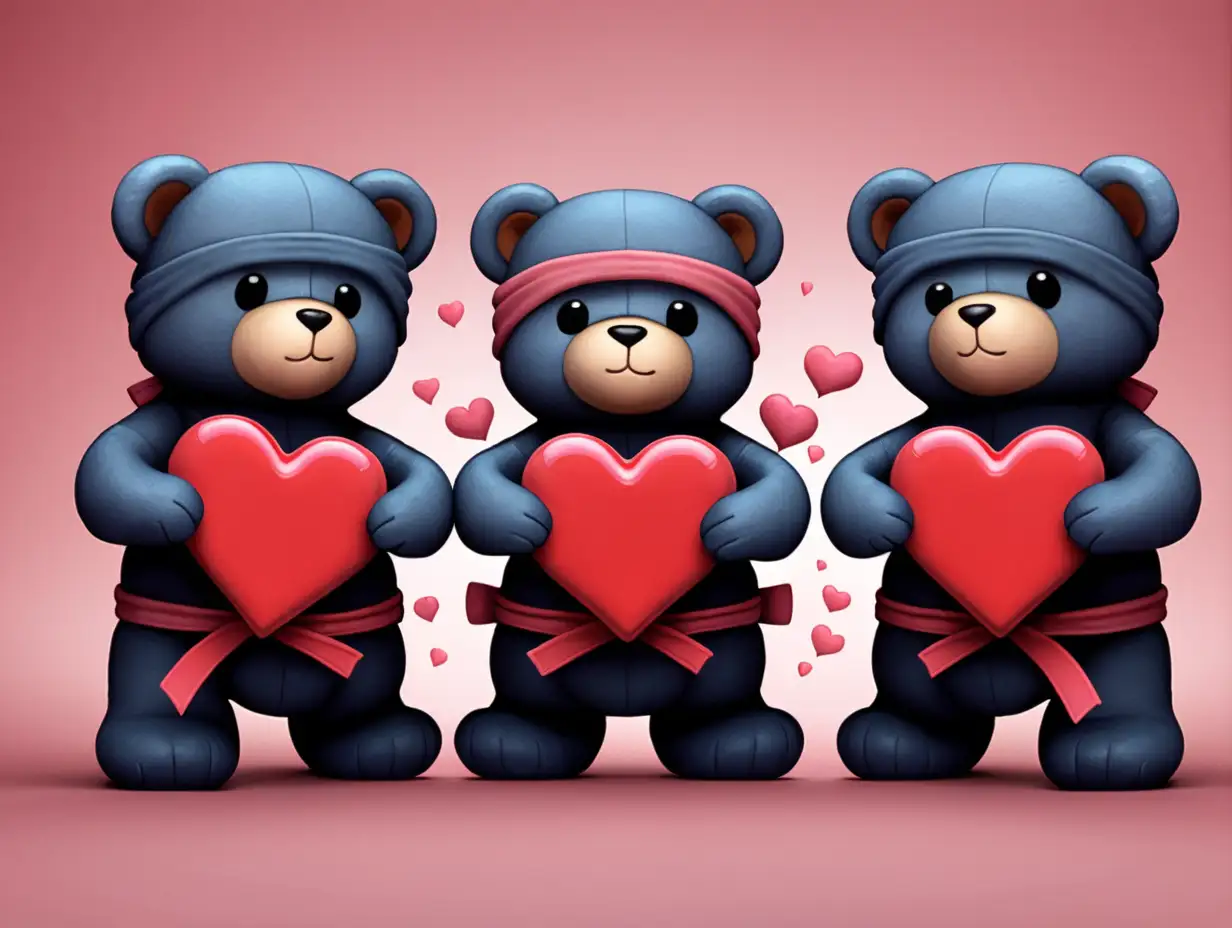 Adorable Ninja Teddy Bears Holding Hearts