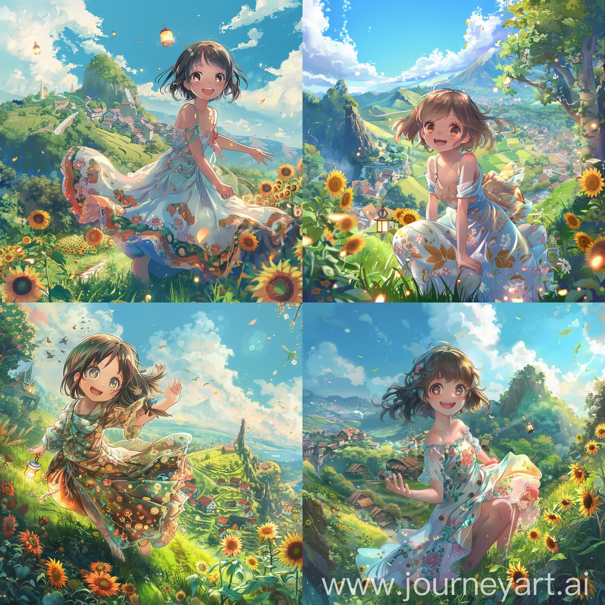 A cute anime girl with big sparkling eyes, wearing a flowing dress with floral patterns, standing in a lush garden filled with colorful flowers and whimsical creatures. The style is reminiscent of Studio Ghibli, with a dreamy and magical atmosphere. The image is an illustration.\",\"A young anime girl with a gentle smile, holding a lantern in one hand, surrounded by a mysterious forest filled with glowing spirits and ancient trees. The scene captures the enchanting and heartwarming essence of Studio Ghibli films. The image is an illustration.\",\"An anime girl sitting on a grassy hill, looking up at the sky as a soft breeze plays with her hair and dress. Behind her, a scenic landscape with rolling hills, a clear blue sky, and fluffy clouds. The illustration is in the style of Studio Ghibli, evoking a sense of wonder and adventure.\",\"A playful anime girl running through a field of sunflowers, her laughter almost audible. The background features a quaint village and a majestic mountain in the distance. The image is an illustration, inspired by the iconic and whimsical style of Studio Ghibli