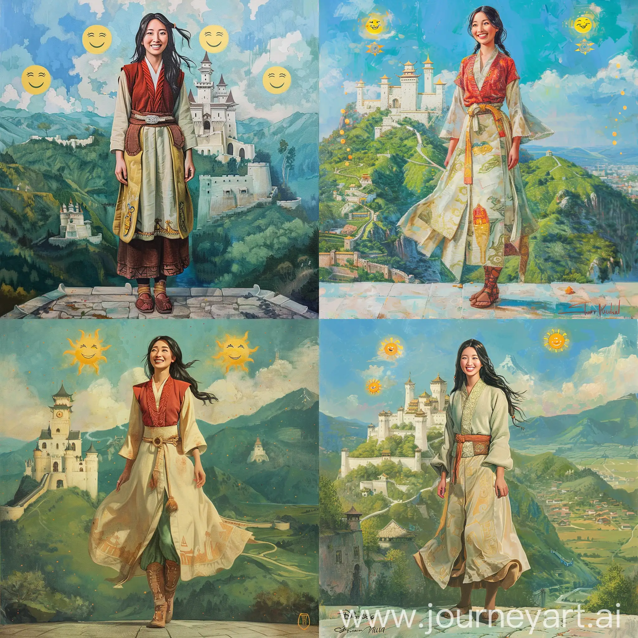 Historic painting style, character from Disney Movie Mulan :

a beautiful and charming Mulan, she wears her clothes and shoes,

full body to feet,

she is smiling and standing in the middle,

a white color medieval style Disney castle and European green mountain as background,

three small yellow smiling suns in the blue sky,