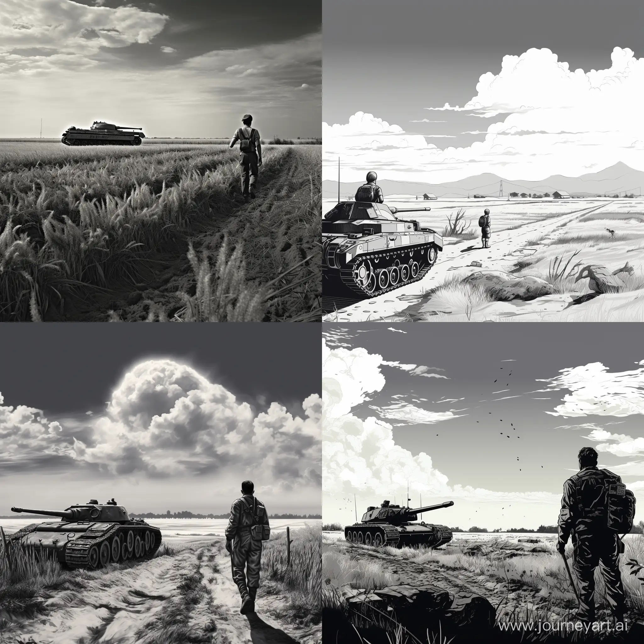 Черно-белая картинка Немецкий Солдат Времен второй мировой Войны СТОИТ с винтовкой смотрит назад, а далеко за ним едет Немецкий танк,. Ясное небо, Поле
