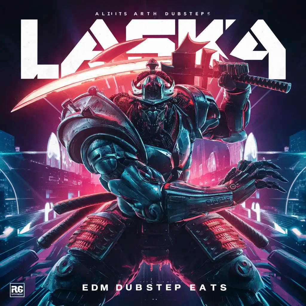 Robot samurai, aggressive art, EDM dubstep album cover
Inscription "laska" Is the album's title