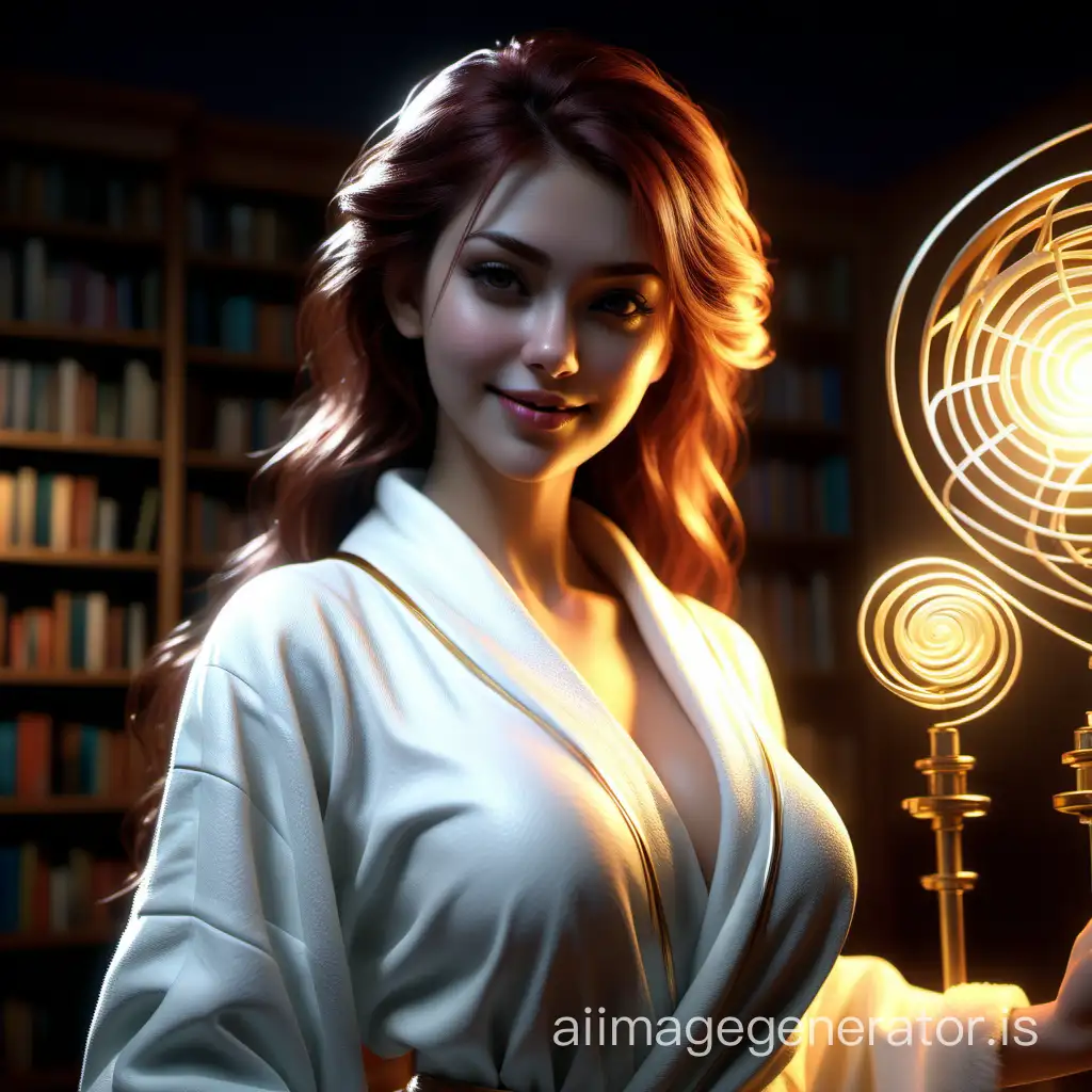 Seductive-Woman-in-White-Robe-Leaning-Forward-in-Library