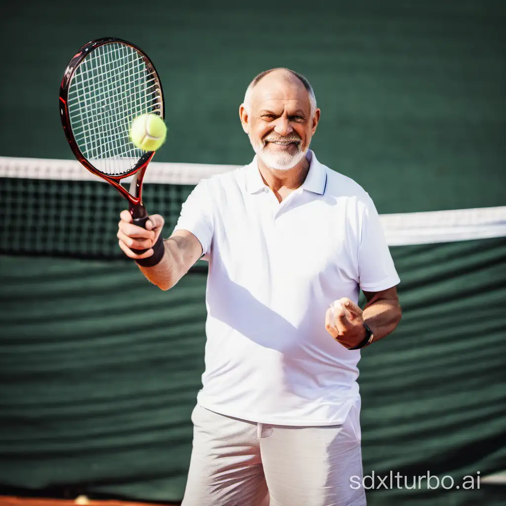 A man in his 50s holds up a racket to serve tennis.