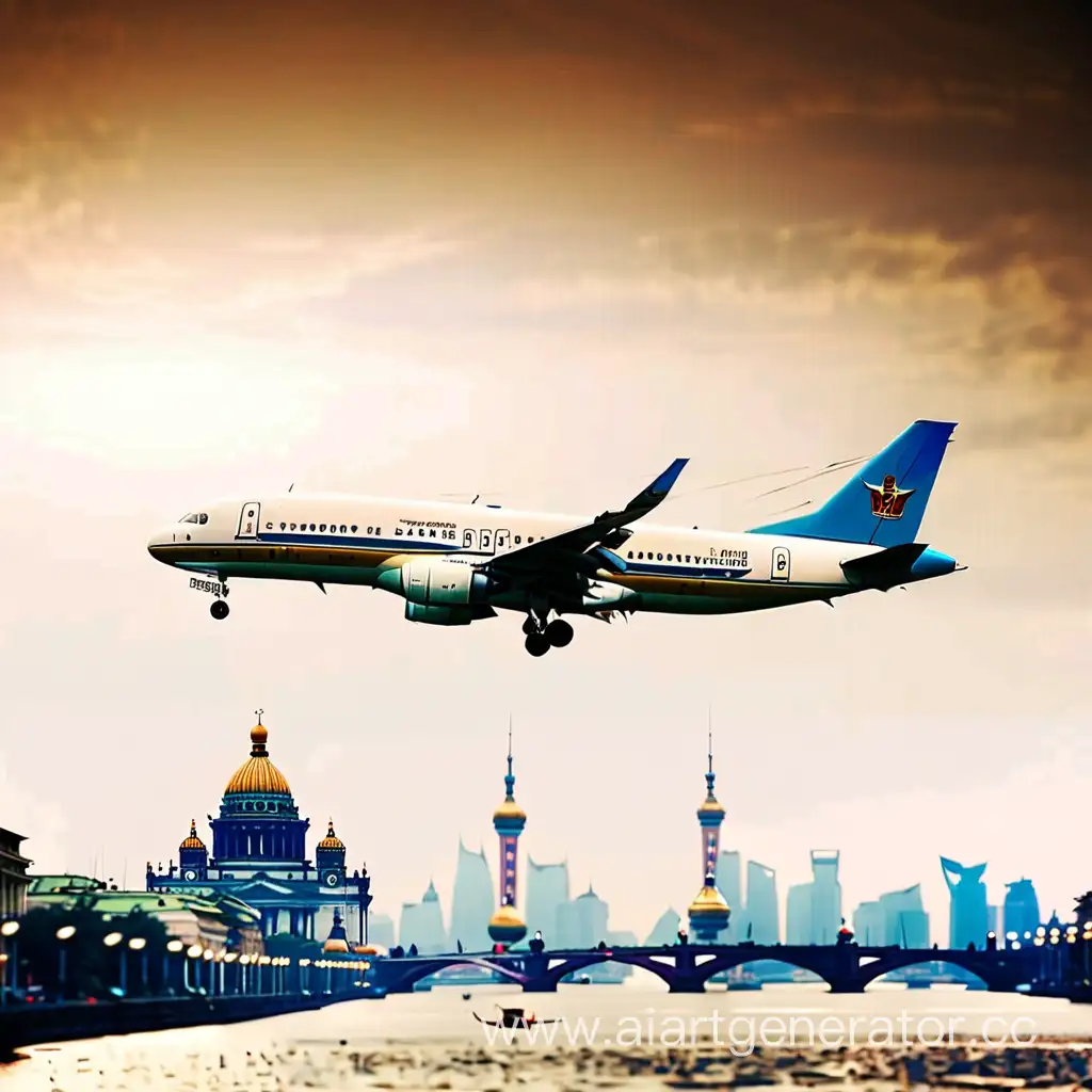 Passenger-Plane-Flying-Over-St-Petersburgs-Isaac-Cathedral-Towards-Shanghais-Famous-Landmarks