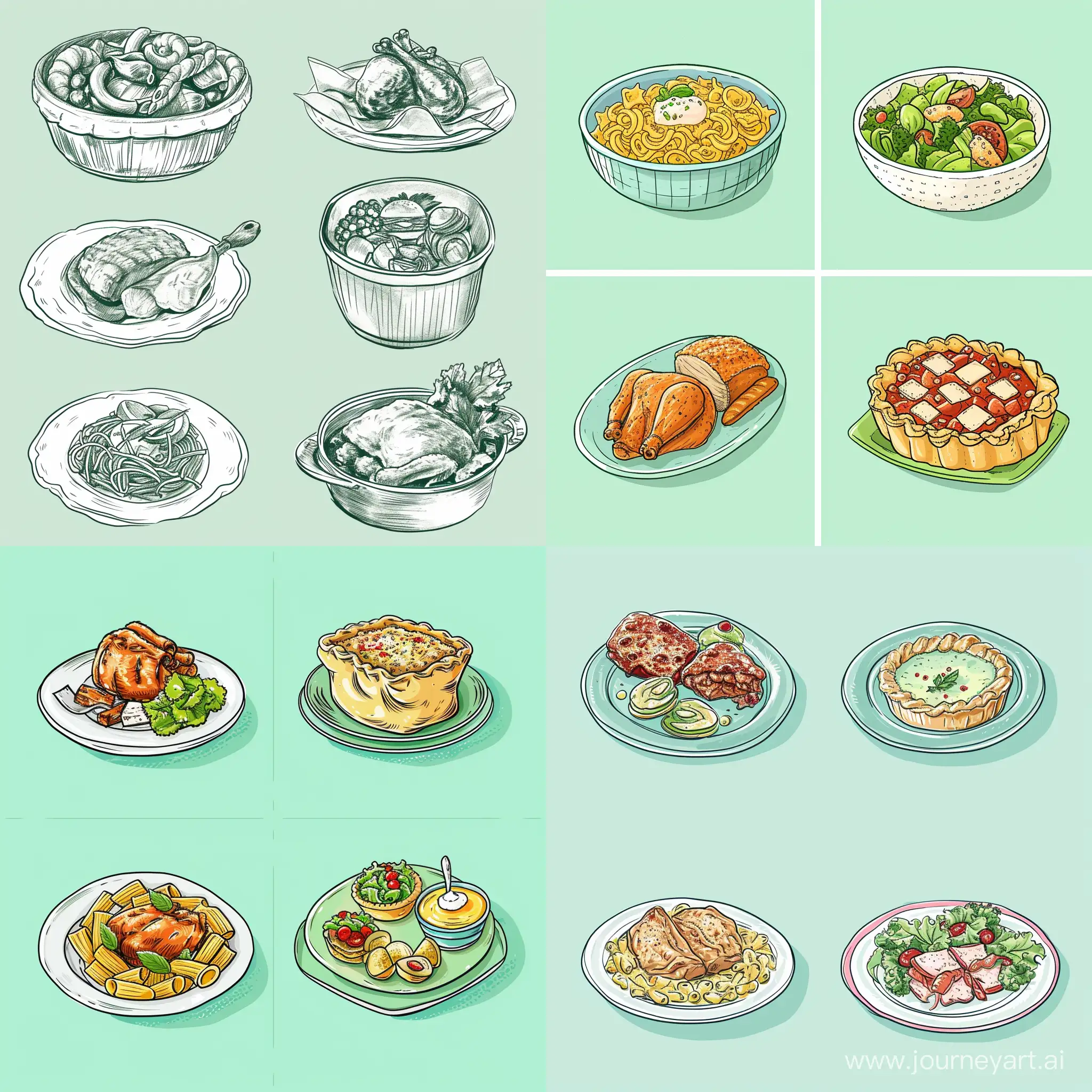 draw the background. base color is pale mint. In addition to the color, the outlines of the pictures should also be mint, but a little darker. pictures can be of different sizes and rotated differently. pictures should contain images of dishes, for example, soup, pasta, pies, salad, chicken. There should be 4 different ones in total, maximum 5 pieces