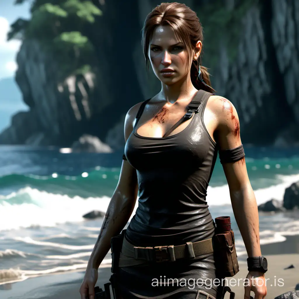 Young girl Lara Croft in a black dress with a big chest who survived after a shipwreck woke up on the shore of Yamatai Island