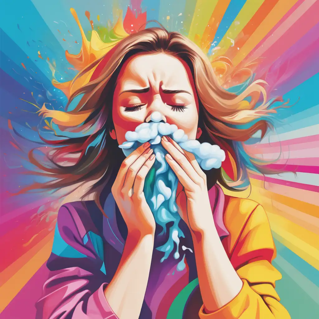 Vibrant Abstract Portrait Energetic Woman Caught in a Sneeze