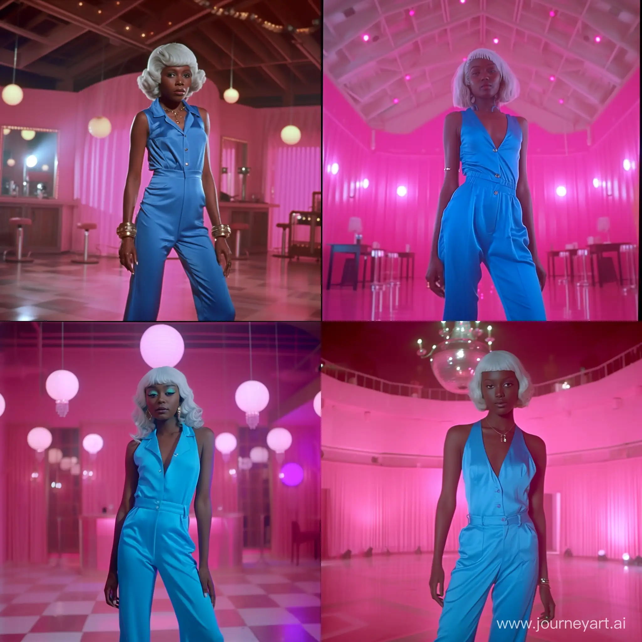 a young black woman with white hair wearing a bright blue jumpsuit in a pink disco hall with low lighting, screenshot from 1960s movies