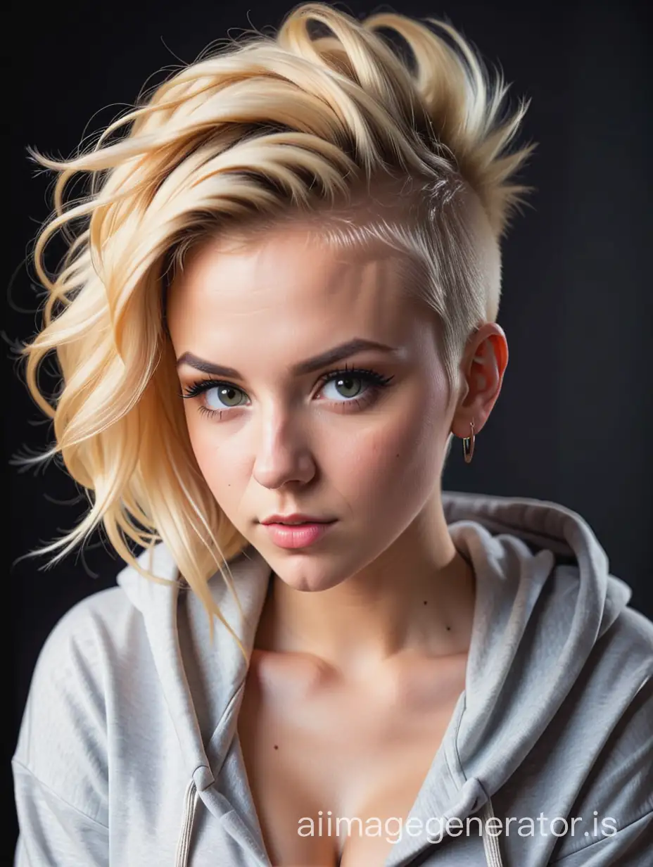 NSFW  cute hot blonde 28 year old woman. She has a mohawk.  natural lighting. wearing just a hoodie. Professional photograph. heavy make up.